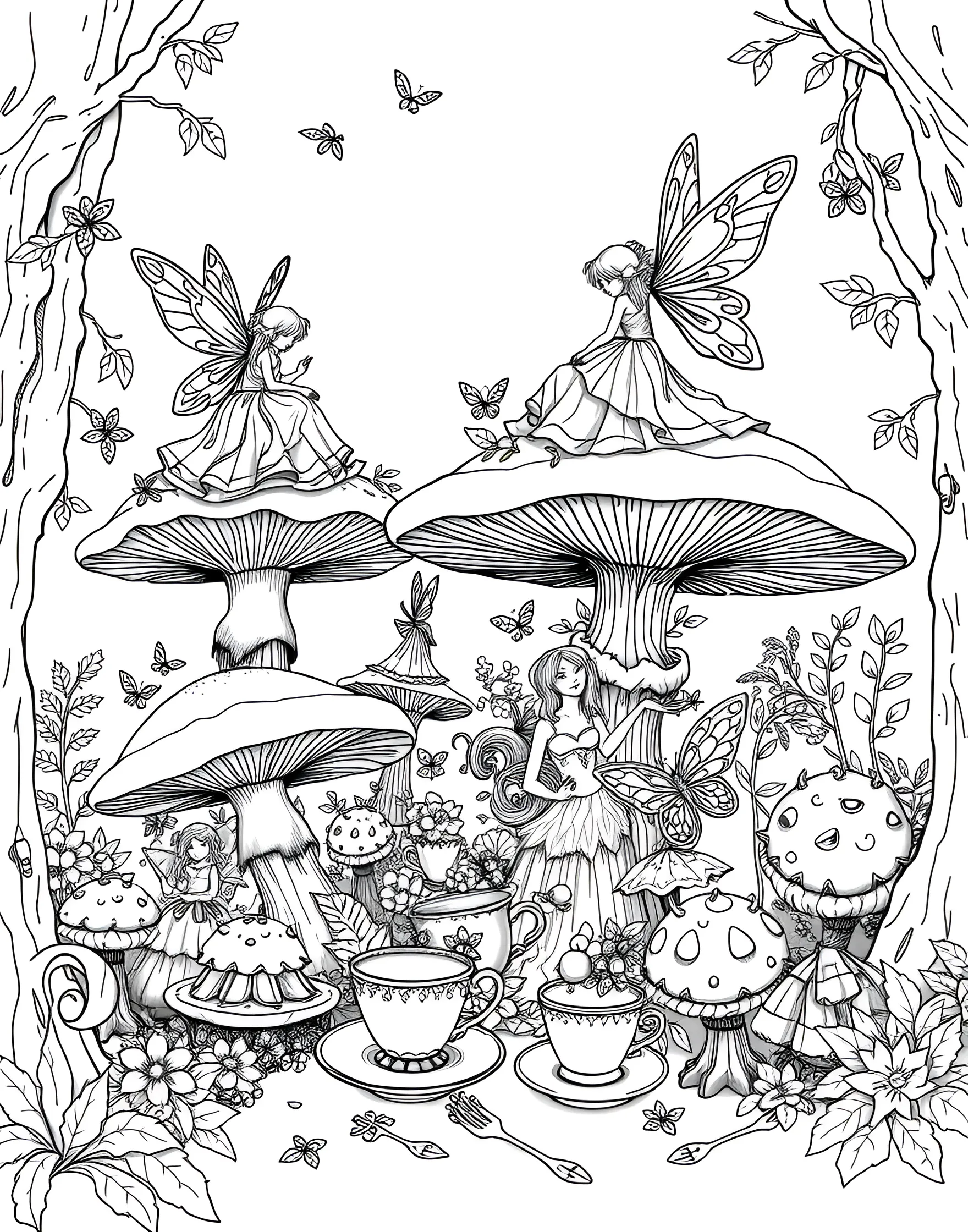 Mushroom Fairy Tea Party Coloring Page -- prompt: "Fairies having a tea party on top of and around large mushrooms in a forest glade." -- Join a magical tea party with this delightful mushroom fairy scene. Tiny fairies sit atop mushroom caps, enjoying tea and treats served on toadstool tables. This enchanting page allows colorists to bring a miniature fantasy world to life with their choice of colors.