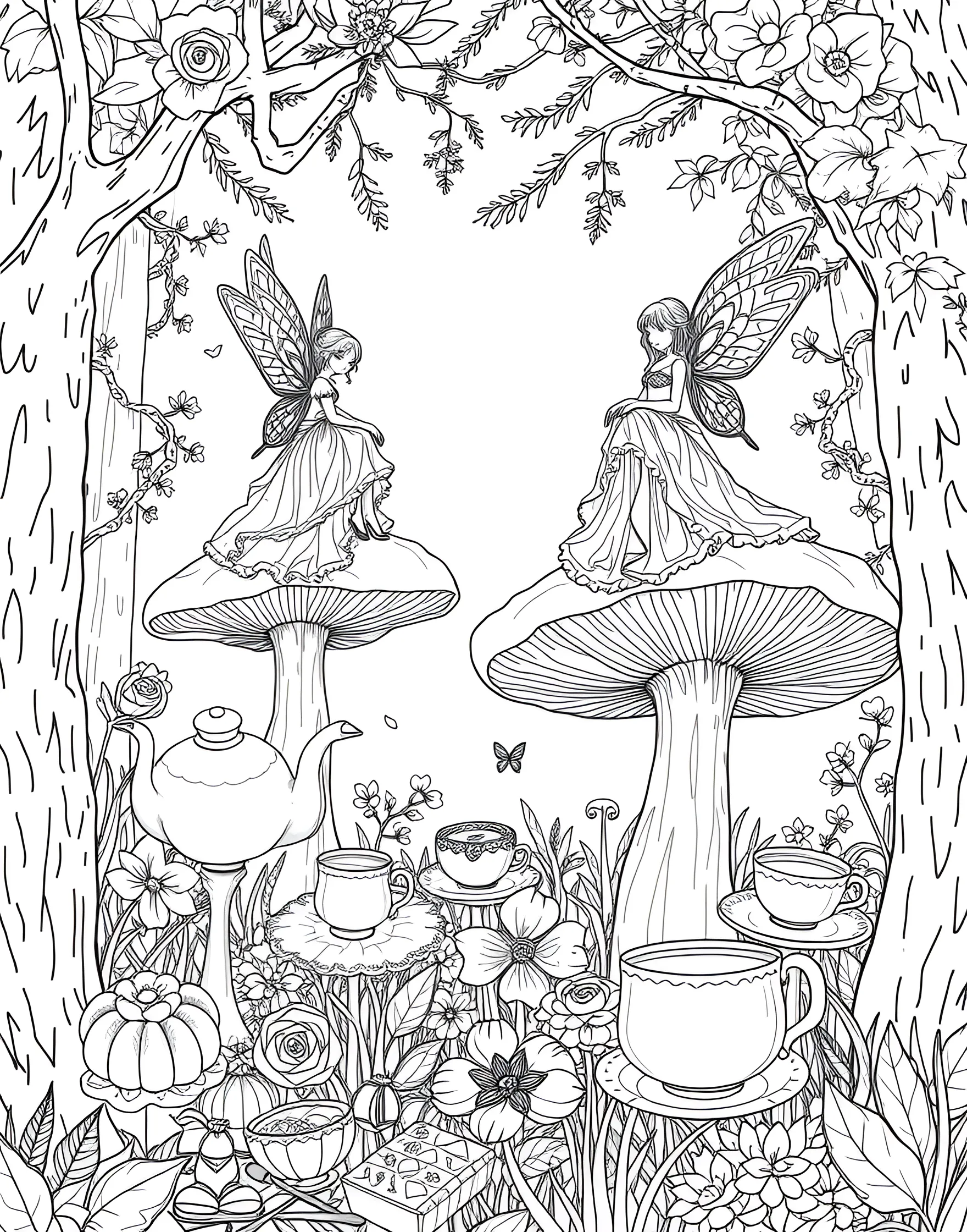 Mushroom Fairy Tea Party Coloring Page -- prompt: "Fairies having a tea party on top of and around large mushrooms in a forest glade." -- Join a magical tea party with this delightful mushroom fairy scene. Tiny fairies sit atop mushroom caps, enjoying tea and treats served on toadstool tables. This enchanting page allows colorists to bring a miniature fantasy world to life with their choice of colors.