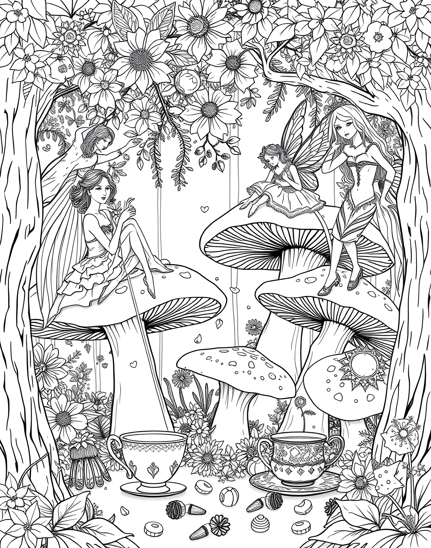 Mushroom Fairy Tea Party Coloring Page -- prompt: "Fairies having a tea party on top of and around large mushrooms in a forest glade." -- Join a magical tea party with this delightful mushroom fairy scene. Tiny fairies sit atop mushroom caps, enjoying tea and treats served on toadstool tables. This enchanting page allows colorists to bring a miniature fantasy world to life with their choice of colors.