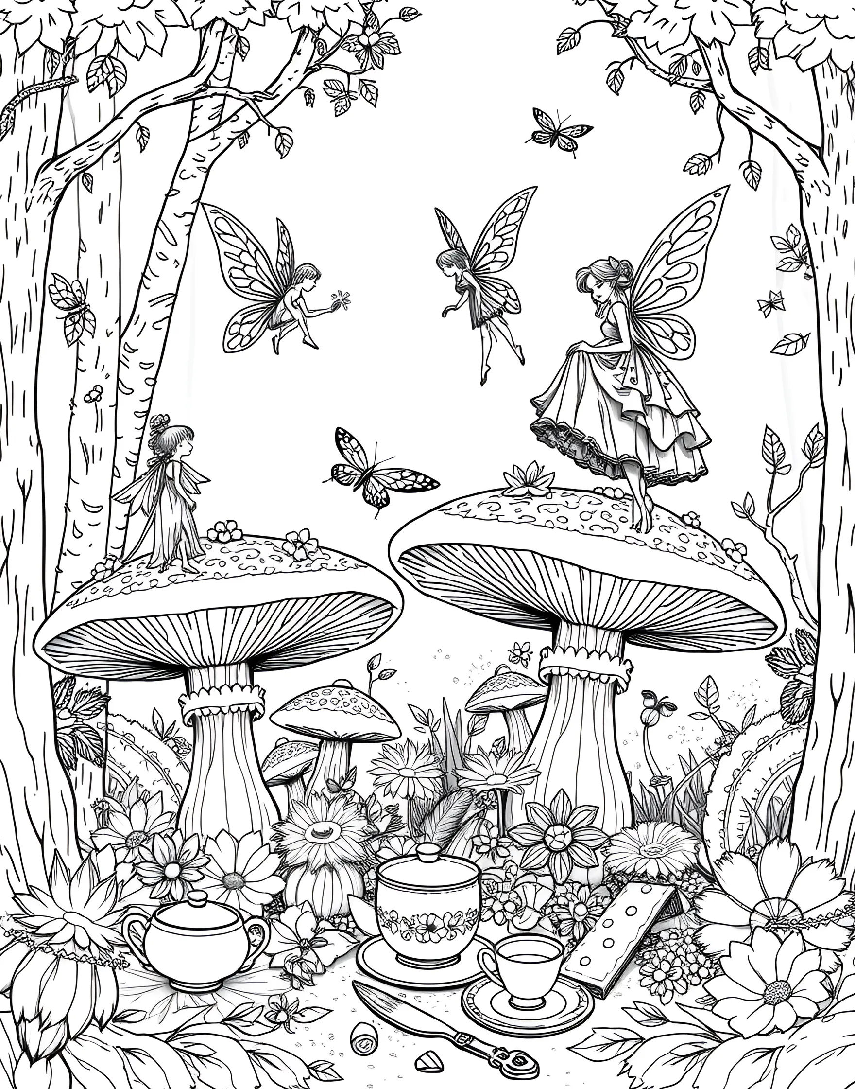 Mushroom Fairy Tea Party Coloring Page -- prompt: "Fairies having a tea party on top of and around large mushrooms in a forest glade." -- Join a magical tea party with this delightful mushroom fairy scene. Tiny fairies sit atop mushroom caps, enjoying tea and treats served on toadstool tables. This enchanting page allows colorists to bring a miniature fantasy world to life with their choice of colors.