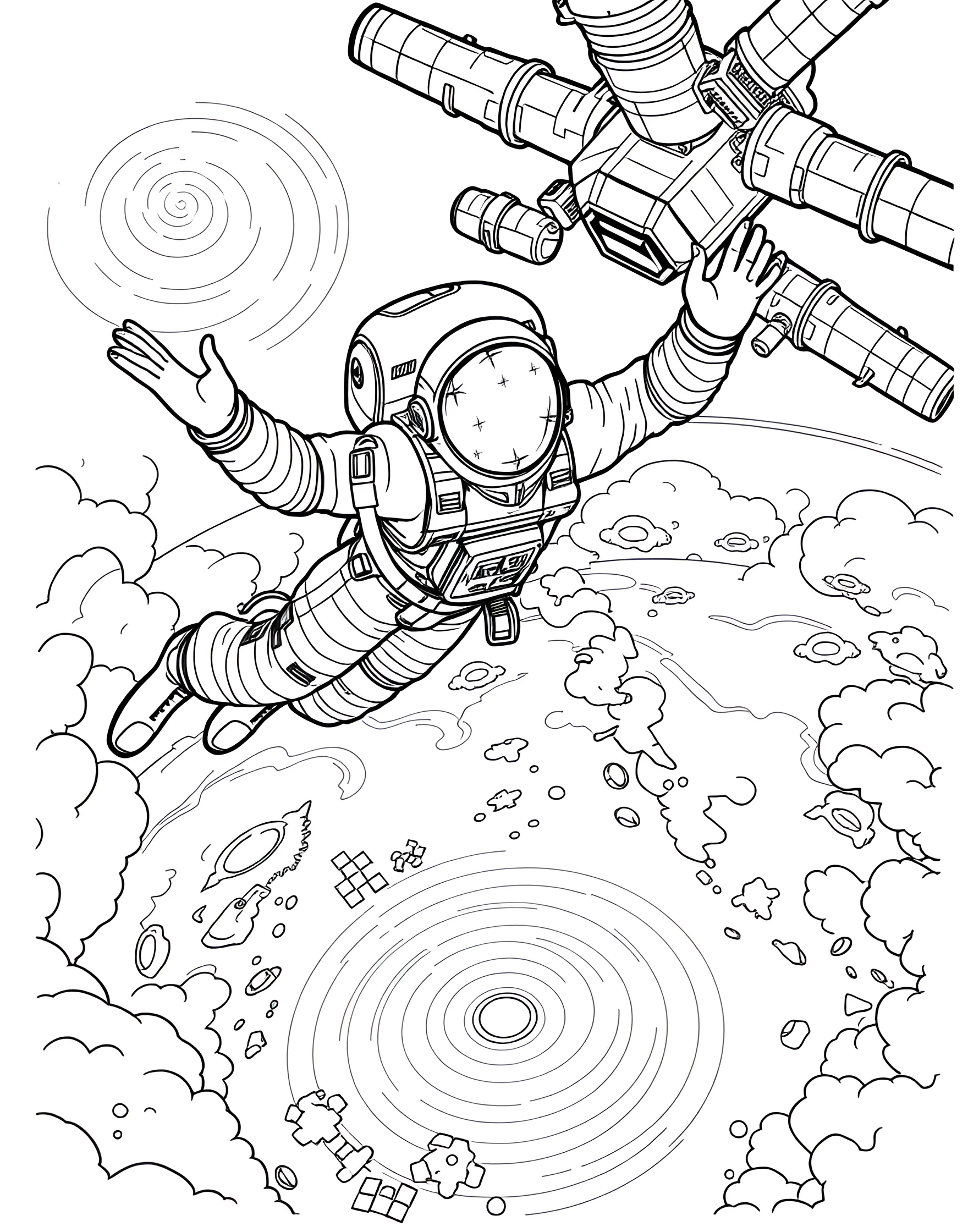 Orbital Skydiving Championship Coloring Page -- prompt: "Skydivers in specialized suits jumping from a space station, aiming for a landing zone on Earth below." -- Experience the ultimate extreme sport with this orbital skydiving championship coloring page. Daredevil skydivers in specialized suits are shown leaping from a space station, aiming for a landing zone on Earth below. The page captures the thrill and danger of this futuristic sport, with Earth's curve providing a stunning backdrop.