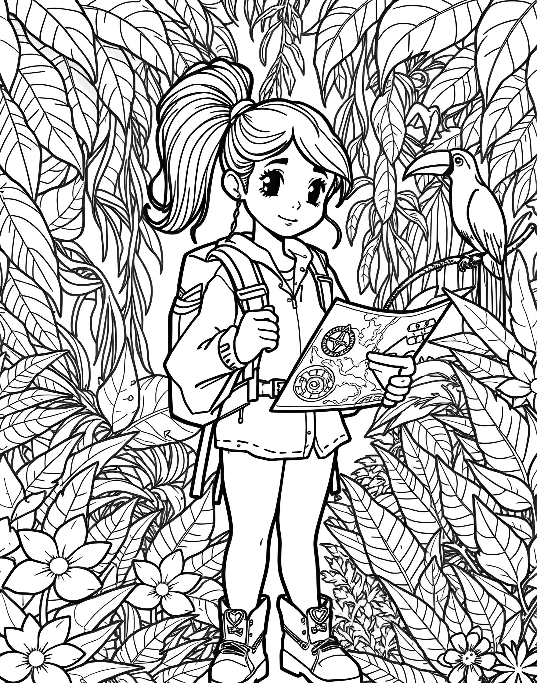 Girl Explorer in the Jungle Coloring Page -- prompt: "A girl explorer with a map and backpack standing in a lush jungle surrounded by exotic animals and plants." -- Adventure awaits in this exciting coloring page featuring a girl explorer in the jungle. Dressed in safari gear and holding a map, she stands amidst lush vegetation and exotic animals. This page encourages girls to embrace their adventurous spirit while offering plenty of flora and fauna to color.