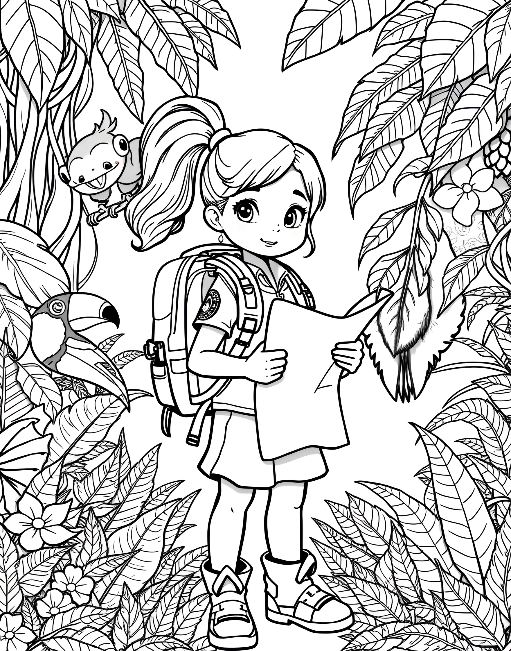 Girl Explorer in the Jungle Coloring Page -- prompt: "A girl explorer with a map and backpack standing in a lush jungle surrounded by exotic animals and plants." -- Adventure awaits in this exciting coloring page featuring a girl explorer in the jungle. Dressed in safari gear and holding a map, she stands amidst lush vegetation and exotic animals. This page encourages girls to embrace their adventurous spirit while offering plenty of flora and fauna to color.