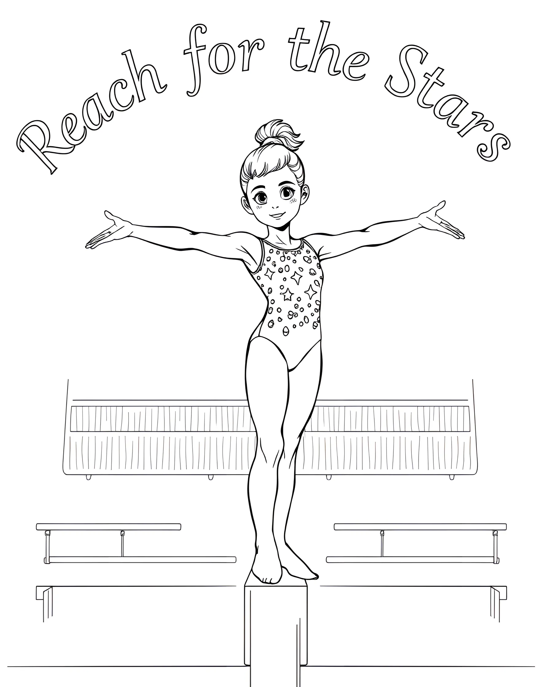 Gymnast Performing on Balance Beam Coloring Page -- prompt: "A girl gymnast performing a routine on a balance beam in a gymnasium." -- This graceful coloring page showcases a young gymnast performing on the balance beam. Her elegant pose and focused expression capture the skill and dedication of gymnastics. The leotard, ribbons, and surrounding gymnasium offer plenty of opportunities for adding vibrant colors and intricate details.