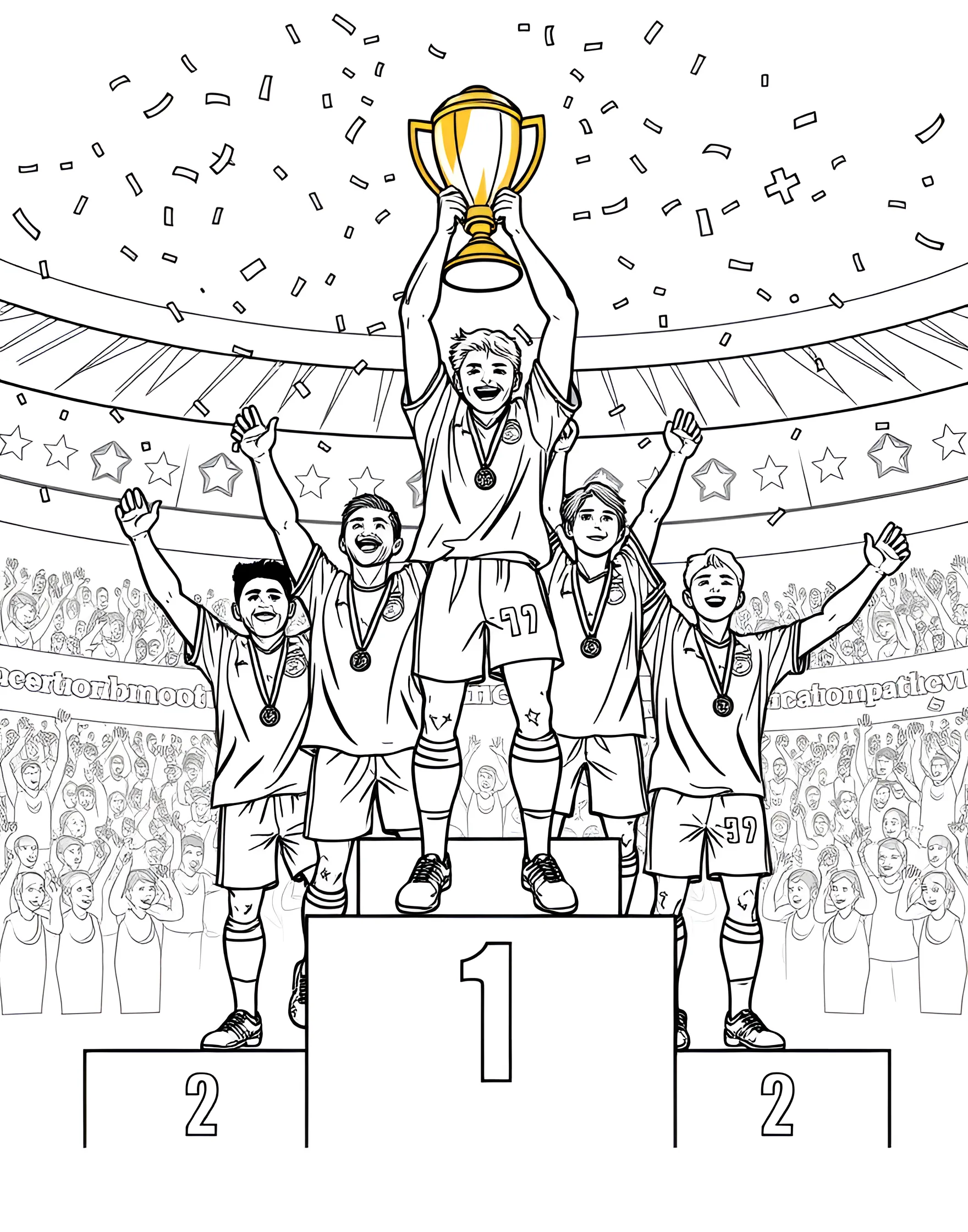 Soccer Award Ceremony Coloring Page -- prompt: "Soccer players standing on a podium during an award ceremony, receiving medals or trophies." -- This celebratory coloring page depicts a soccer award ceremony. It shows players on a podium receiving medals or trophies. The scene captures the pride and accomplishment that comes with success in soccer.