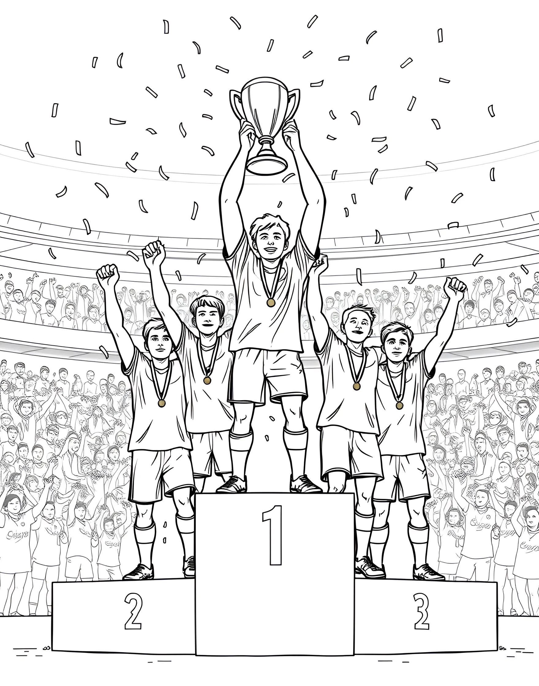 Soccer Award Ceremony Coloring Page -- prompt: "Soccer players standing on a podium during an award ceremony, receiving medals or trophies." -- This celebratory coloring page depicts a soccer award ceremony. It shows players on a podium receiving medals or trophies. The scene captures the pride and accomplishment that comes with success in soccer.