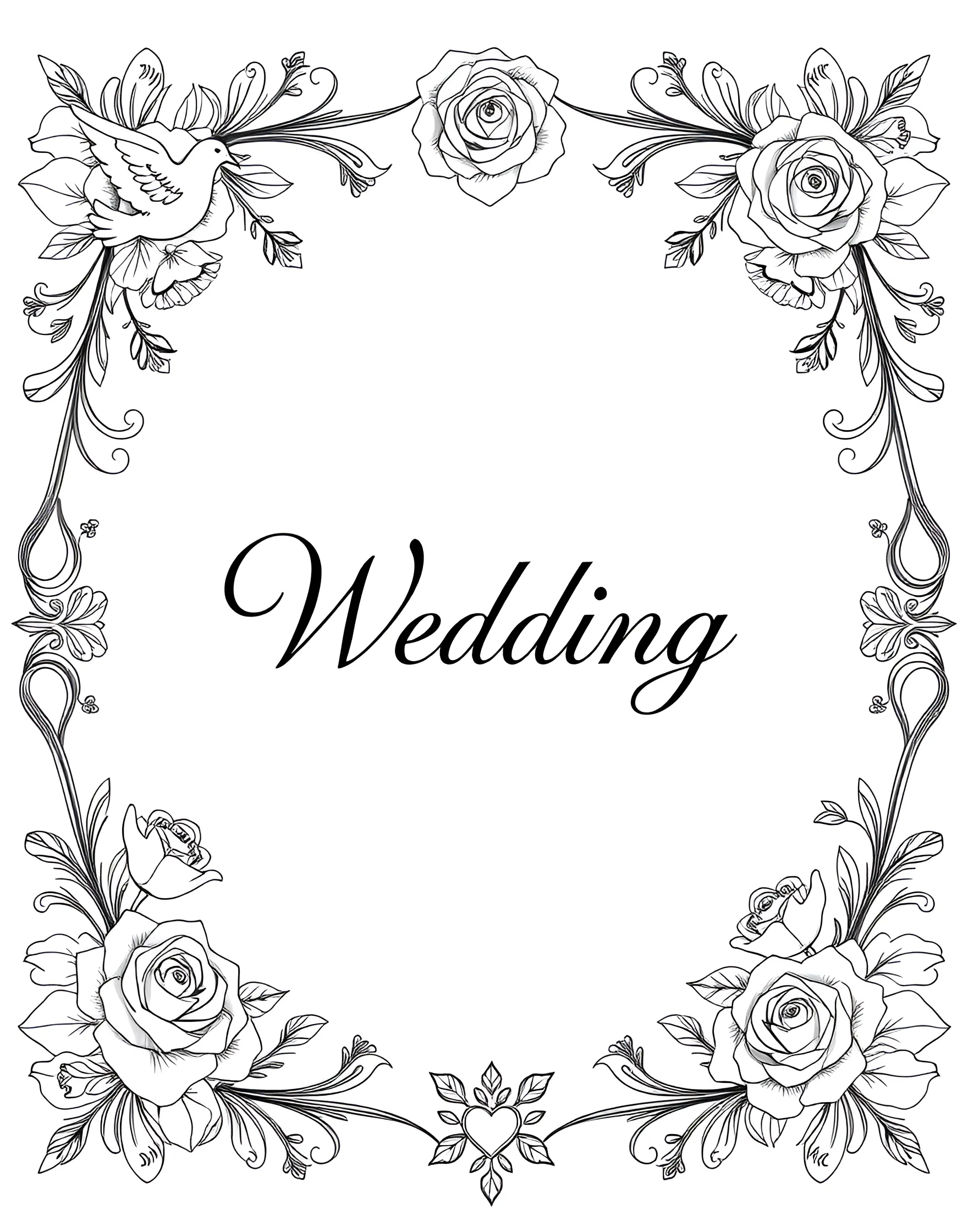 Wedding Invitation Design Coloring Page -- prompt: "An ornate wedding invitation with decorative borders, calligraphy, and floral designs." -- Get creative with this wedding invitation coloring page. The ornate border frames elegant calligraphy announcing the wedding details. Floral motifs in the corners add a romantic touch, allowing for endless color combinations to suit any wedding theme.