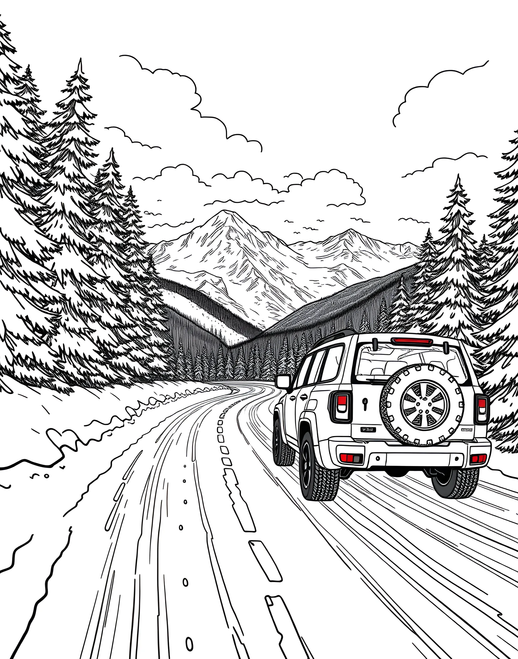 Car Navigating a Snowy Mountain Pass Coloring Page -- prompt: "A car driving carefully on a snowy mountain road with evergreen trees and mountain peaks visible." -- Brave the elements with this adventurous coloring page showing a car navigating a snowy mountain pass. The vehicle is depicted carefully maneuvering through a winter wonderland, with snow-capped peaks and perhaps some wildlife in the background. It's perfect for kids who love winter scenes and outdoor adventures.