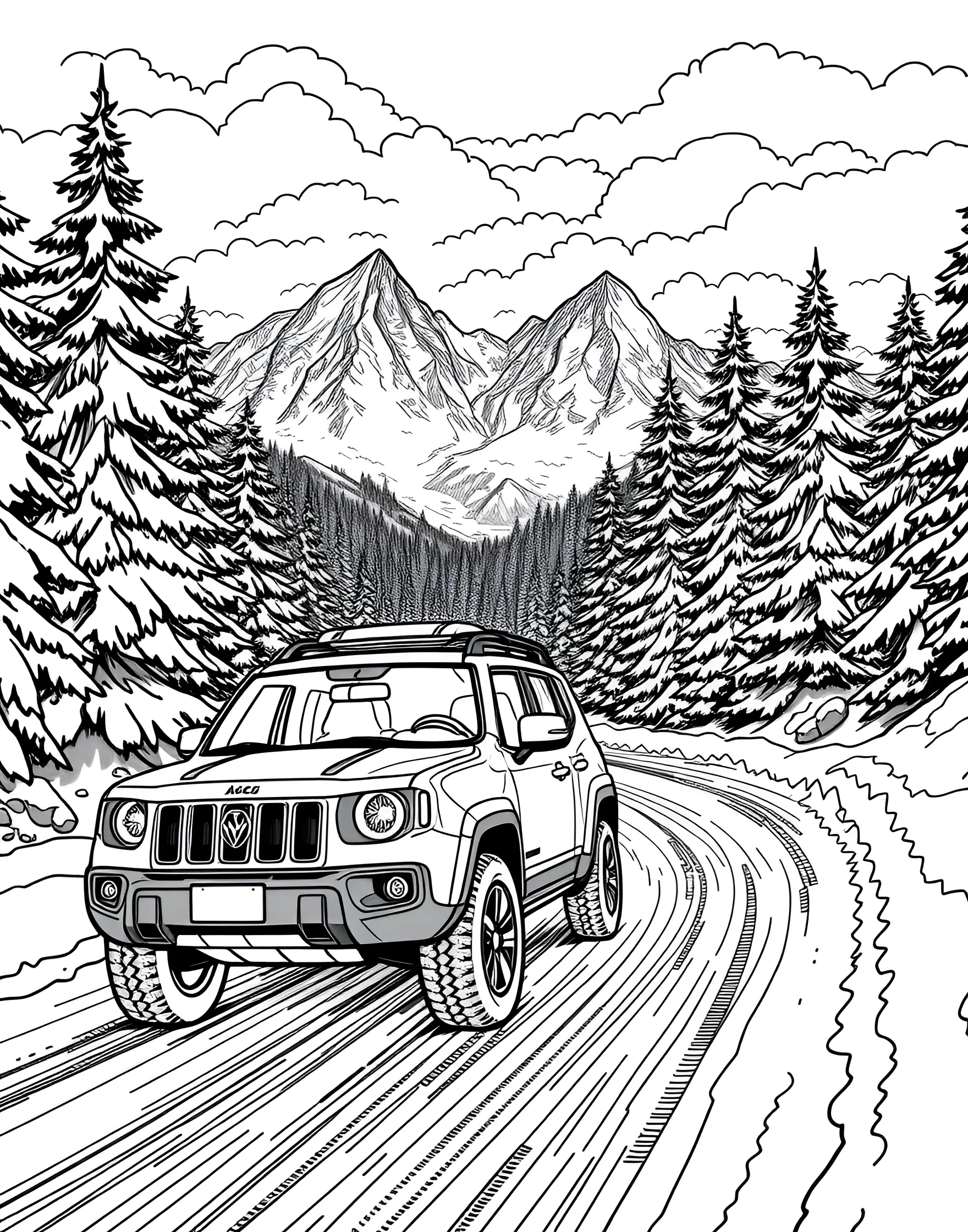 Car Navigating a Snowy Mountain Pass Coloring Page -- prompt: "A car driving carefully on a snowy mountain road with evergreen trees and mountain peaks visible." -- Brave the elements with this adventurous coloring page showing a car navigating a snowy mountain pass. The vehicle is depicted carefully maneuvering through a winter wonderland, with snow-capped peaks and perhaps some wildlife in the background. It's perfect for kids who love winter scenes and outdoor adventures.