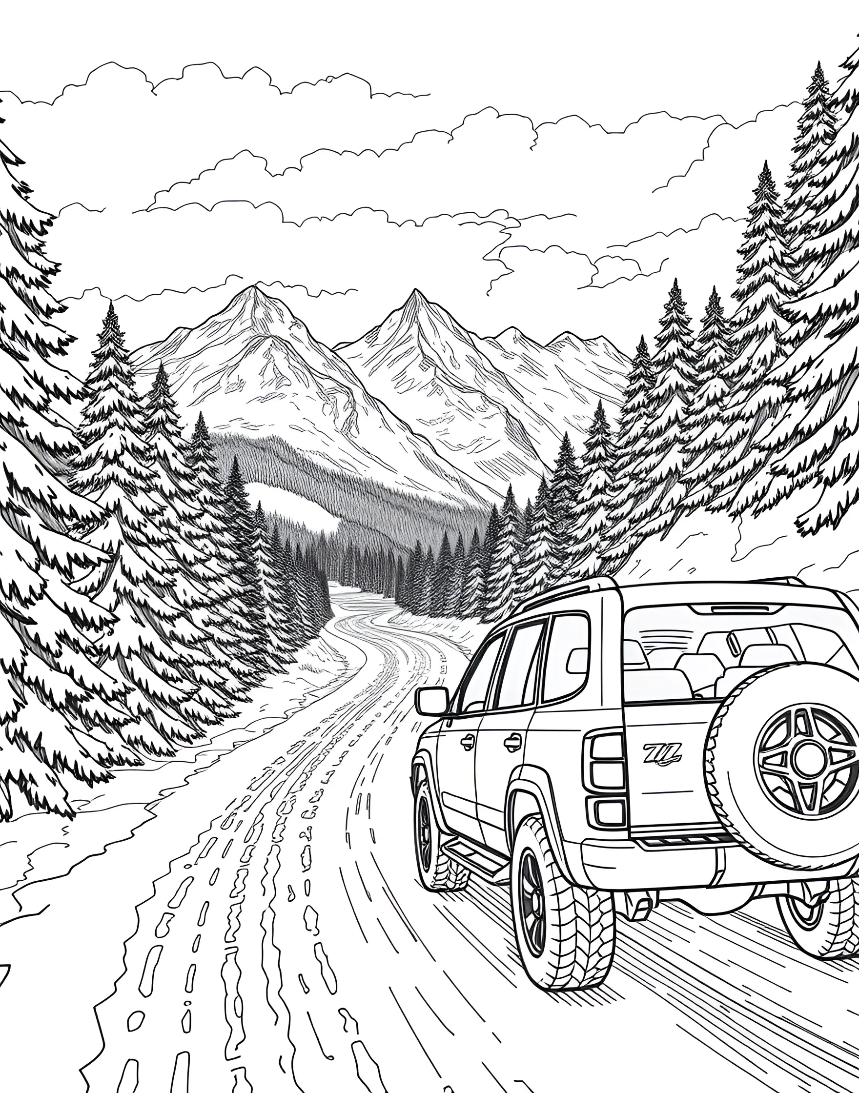 Car Navigating a Snowy Mountain Pass Coloring Page -- prompt: "A car driving carefully on a snowy mountain road with evergreen trees and mountain peaks visible." -- Brave the elements with this adventurous coloring page showing a car navigating a snowy mountain pass. The vehicle is depicted carefully maneuvering through a winter wonderland, with snow-capped peaks and perhaps some wildlife in the background. It's perfect for kids who love winter scenes and outdoor adventures.