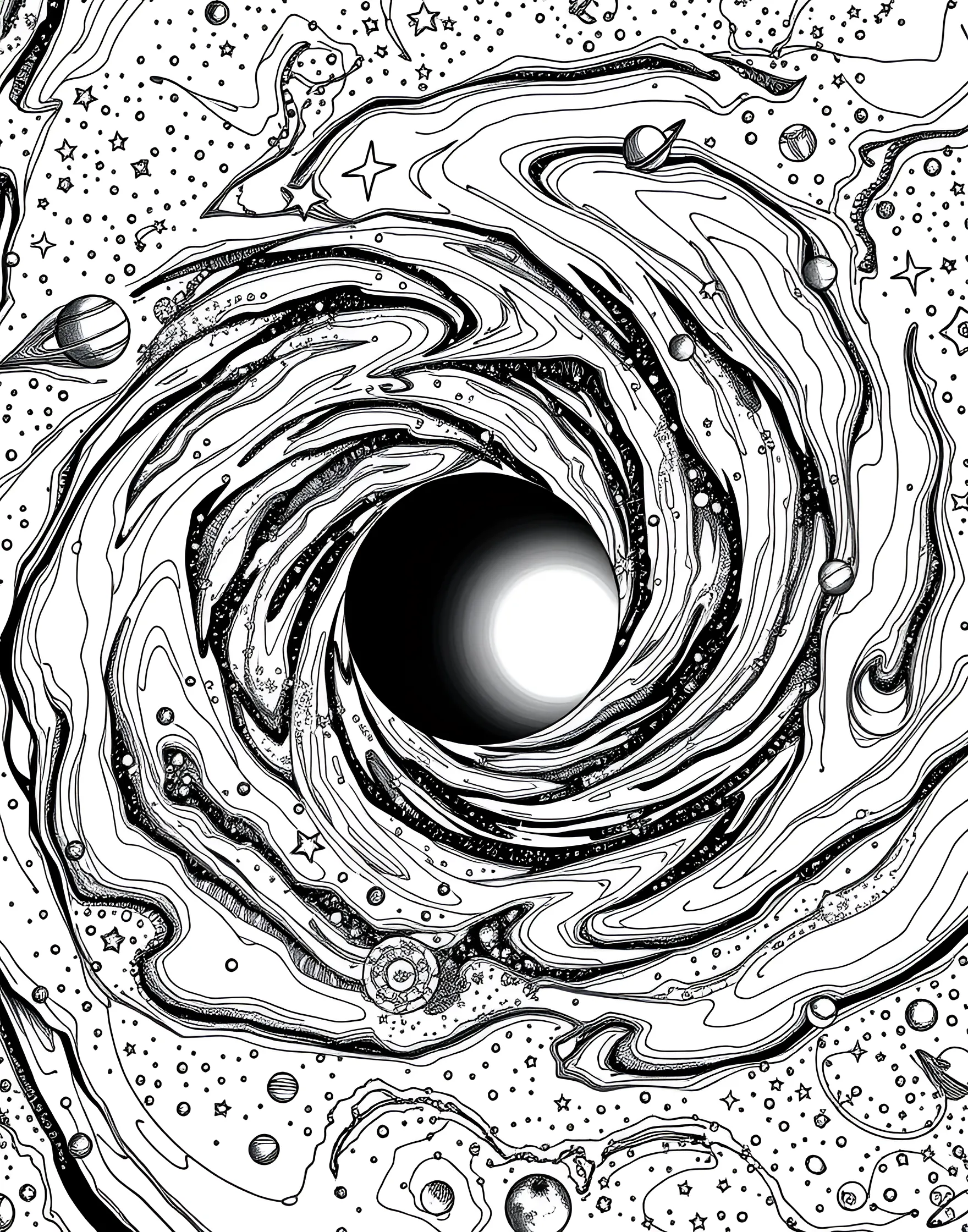 Black Hole Mystery Coloring Page -- prompt: "A black hole at the center of the page, warping space and light around it, with swirling matter being drawn in." -- Explore one of the universe's most enigmatic phenomena with this black hole coloring page. The page depicts a massive black hole at the center, warping space and light around it. Surrounding the black hole are swirling clouds of matter being drawn in, creating a visually stunning and scientifically intriguing scene.