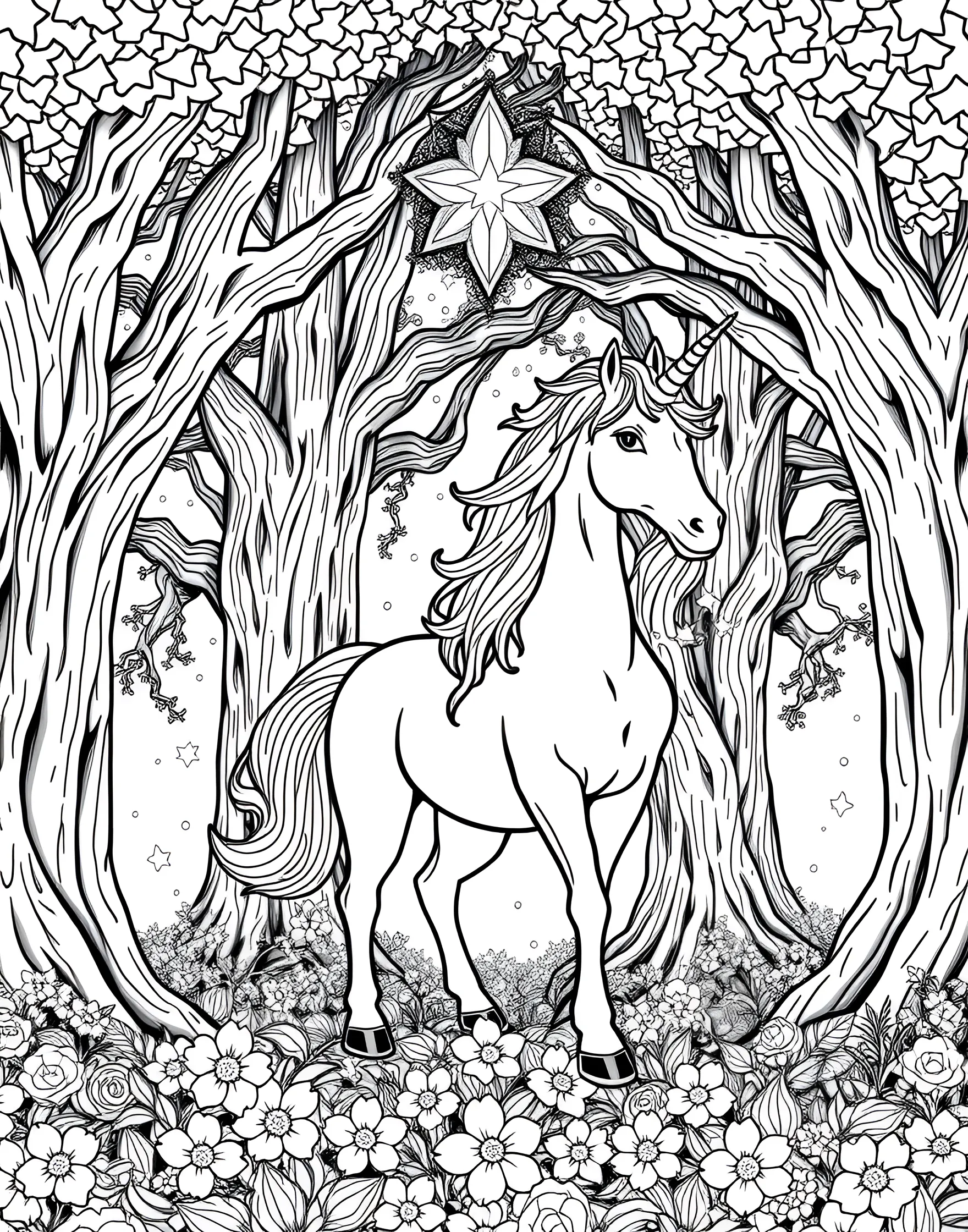 Unicorn in a Magical Forest Coloring Page -- prompt: "A unicorn standing in a magical forest clearing, surrounded by tall trees and floating fireflies." -- Step into a world of wonder with this enchanting coloring page featuring a majestic unicorn in a magical forest. Tall, ancient trees surround the unicorn, their branches reaching towards a star-filled sky. Twinkling fireflies dance around the scene, adding an extra touch of magic to this already captivating image.