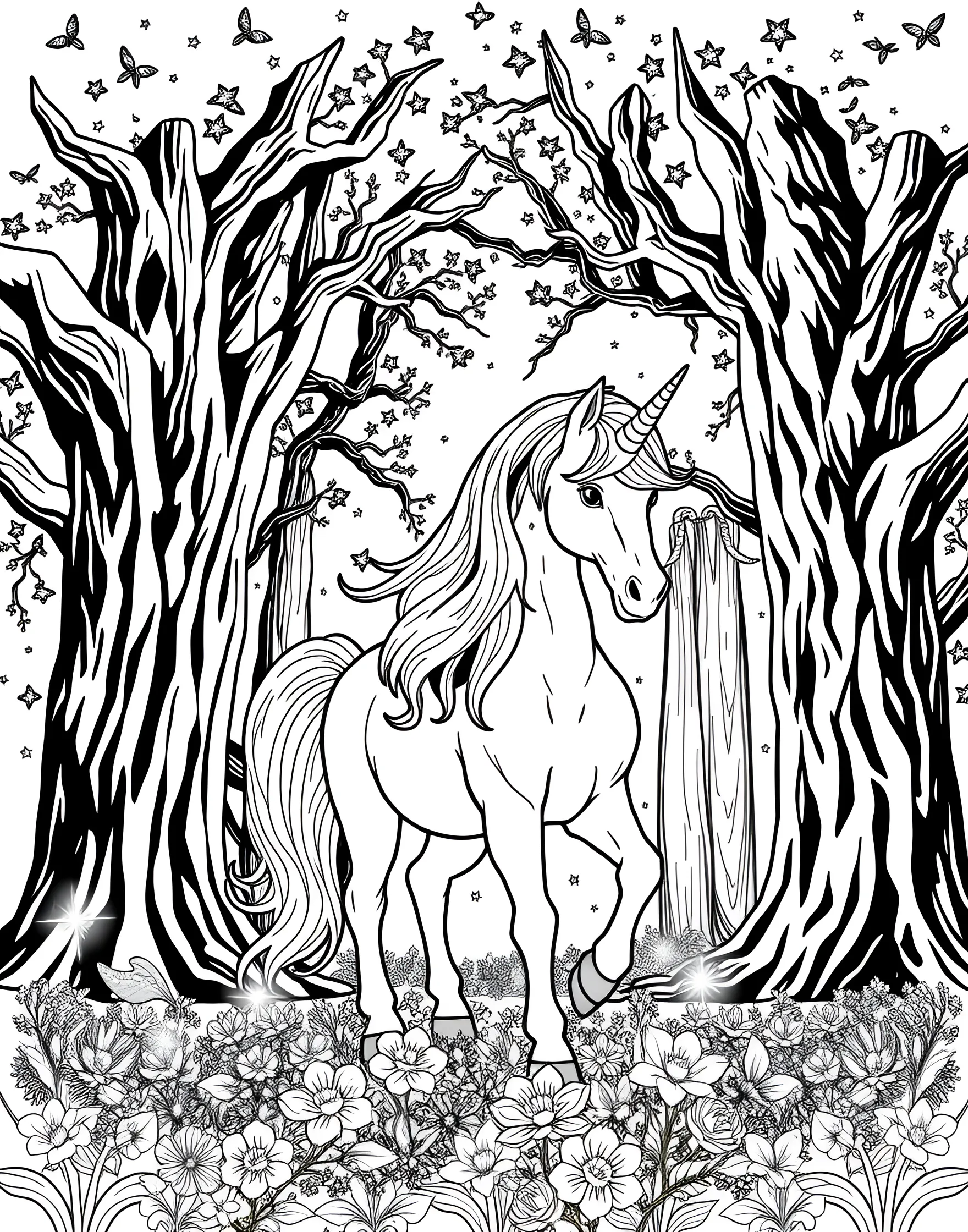 A unicorn standing in a magical forest clearing, surrounded by tall trees and floating fireflies.