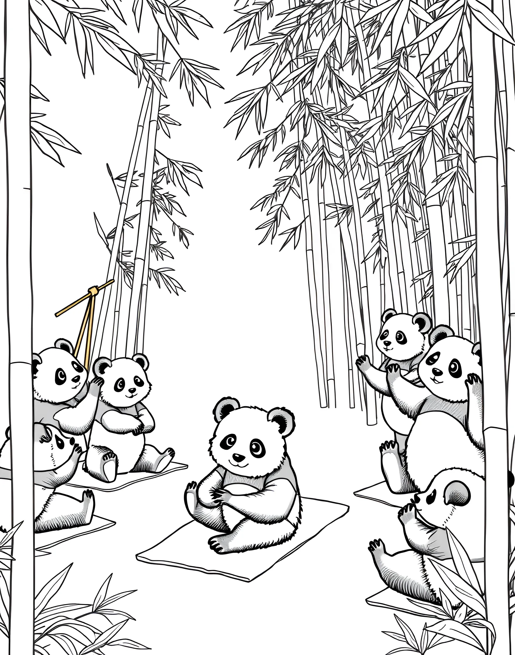 Panda's Bamboo Yoga Class Coloring Page -- prompt: "Pandas doing yoga poses with bamboo props, led by a teacher panda in a serene bamboo grove." -- Find your inner zen with this peaceful panda coloring page. A group of pandas is shown in various yoga poses, using bamboo stalks as props. A wise-looking panda leads the class, surrounded by calming elements like lotus flowers and tranquil pools.