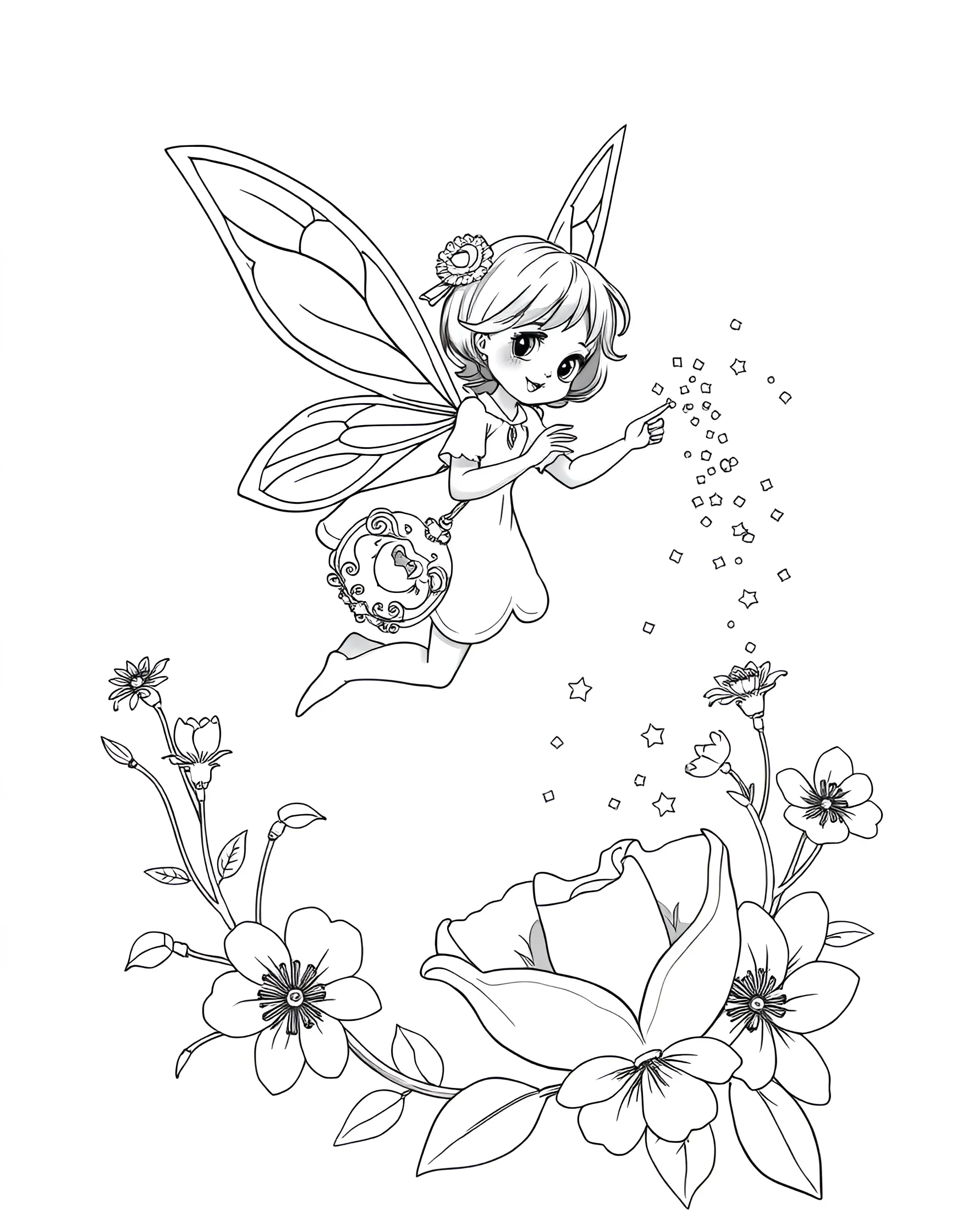 Fairy Tooth Collector on Nightly Rounds Coloring Page -- prompt: "A tooth fairy collecting baby fairy teeth from flowers, carrying a rosebud pouch and leaving a trail of glittering fairy dust." -- Enter the magical world of fairy teeth collection with this enchanting coloring page. A tiny tooth fairy flits from flower to flower, where sleeping baby fairies have left their fallen teeth. She carries a pouch made from a rosebud and leaves glittering fairy dust in her wake, creating a scene full of wonder and nighttime magic to color.