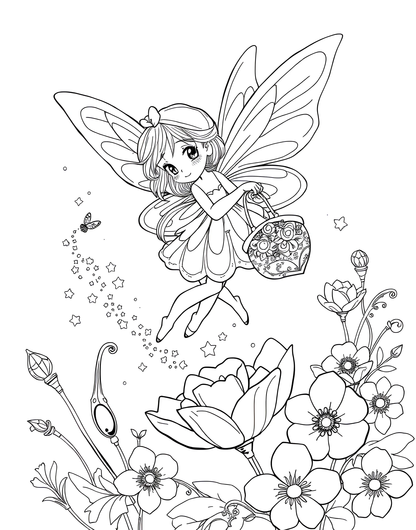 Fairy Tooth Collector on Nightly Rounds Coloring Page -- prompt: "A tooth fairy collecting baby fairy teeth from flowers, carrying a rosebud pouch and leaving a trail of glittering fairy dust." -- Enter the magical world of fairy teeth collection with this enchanting coloring page. A tiny tooth fairy flits from flower to flower, where sleeping baby fairies have left their fallen teeth. She carries a pouch made from a rosebud and leaves glittering fairy dust in her wake, creating a scene full of wonder and nighttime magic to color.