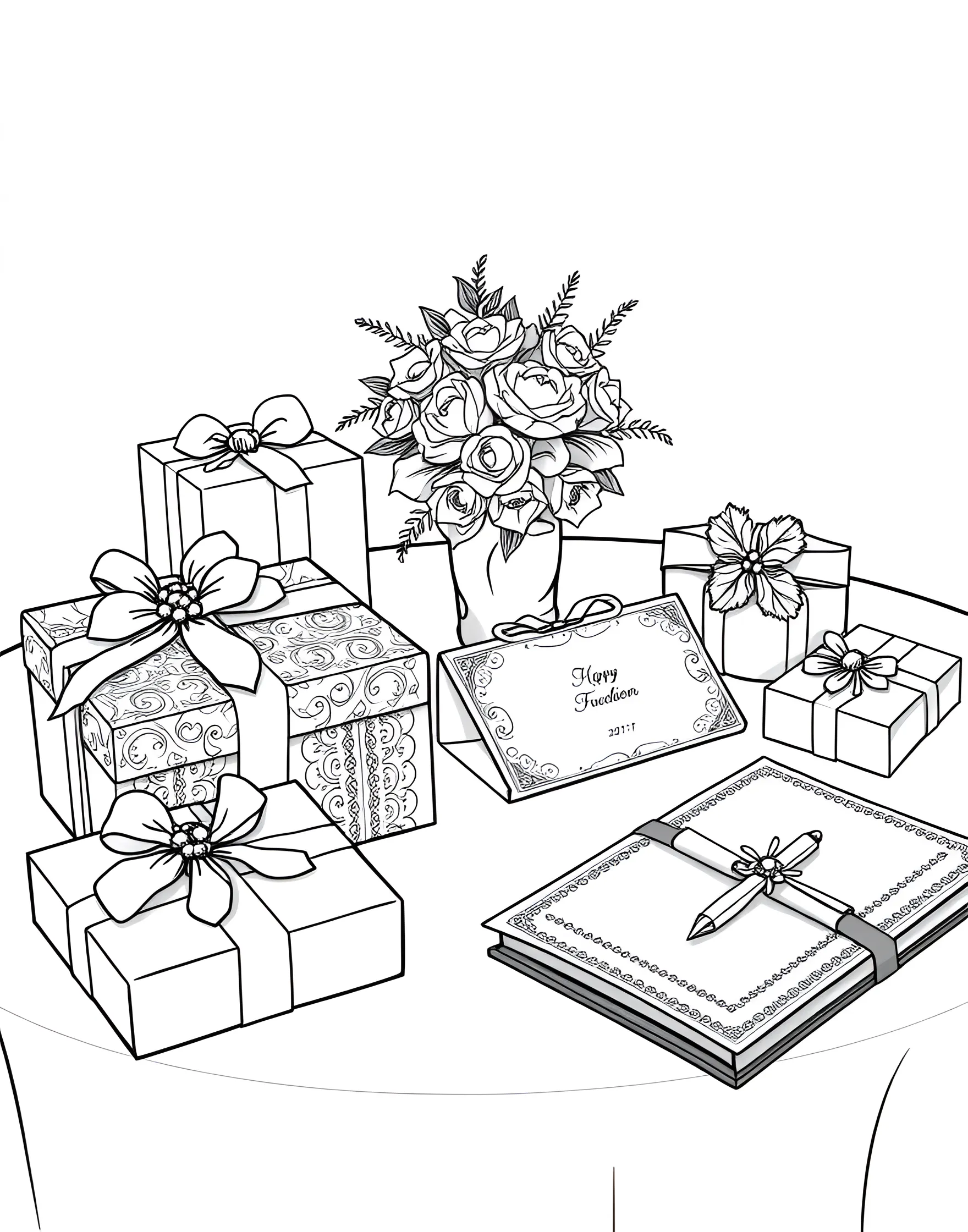 Wedding Gifts Table Coloring Page -- prompt: "A table filled with wrapped wedding gifts, a card box, and a guest book." -- This coloring page depicts a table piled high with beautifully wrapped wedding gifts. Each present features different patterns and bow designs, offering a variety of textures to color. A 'Cards' box and guest book complete the gift table scene.