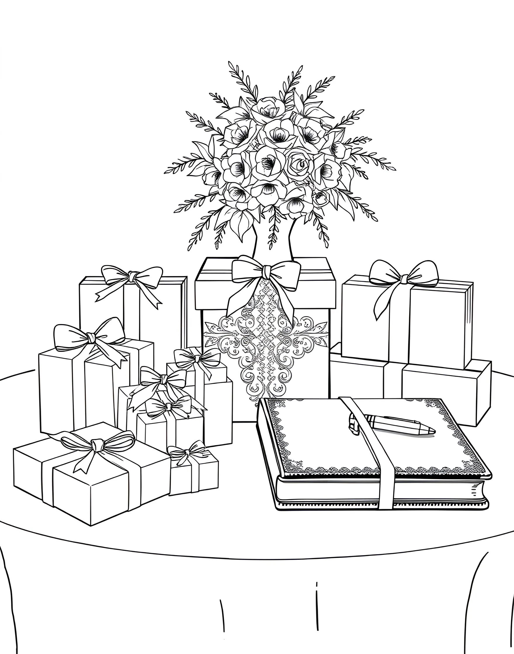 Wedding Gifts Table Coloring Page -- prompt: "A table filled with wrapped wedding gifts, a card box, and a guest book." -- This coloring page depicts a table piled high with beautifully wrapped wedding gifts. Each present features different patterns and bow designs, offering a variety of textures to color. A 'Cards' box and guest book complete the gift table scene.