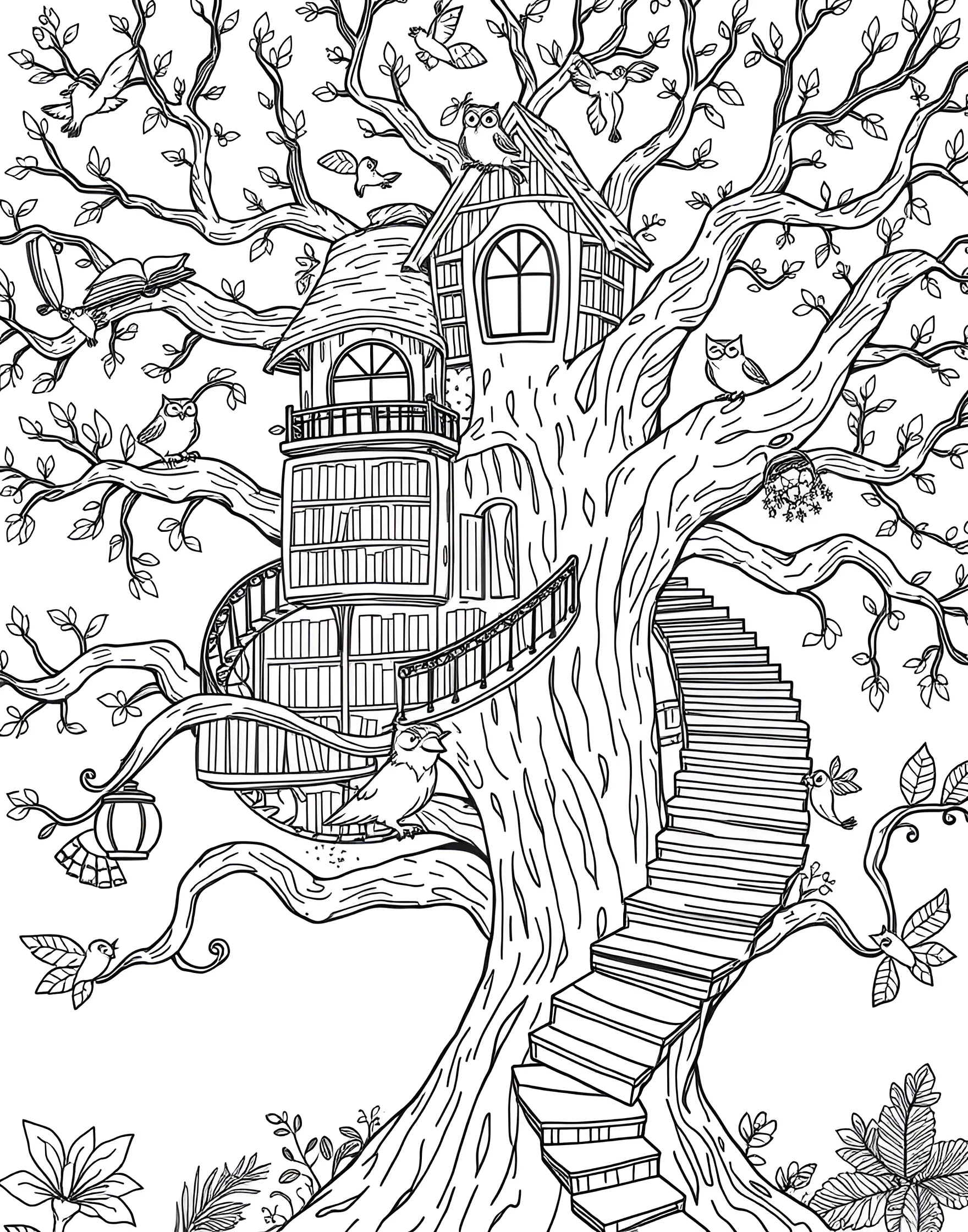 Enchanted Treehouse Library Coloring Page -- prompt: "A magical library in a treehouse with flying books, owl librarians, and cozy reading nooks among the branches." -- Climb into a world of literary magic with this delightful coloring page featuring an enchanted treehouse library. Winding staircases lead to cozy reading nooks nestled among the branches, while books fly from shelf to shelf. Owl librarians and squirrel book-shelvers keep the magical library organized, creating a whimsical haven for book lovers to color and explore.