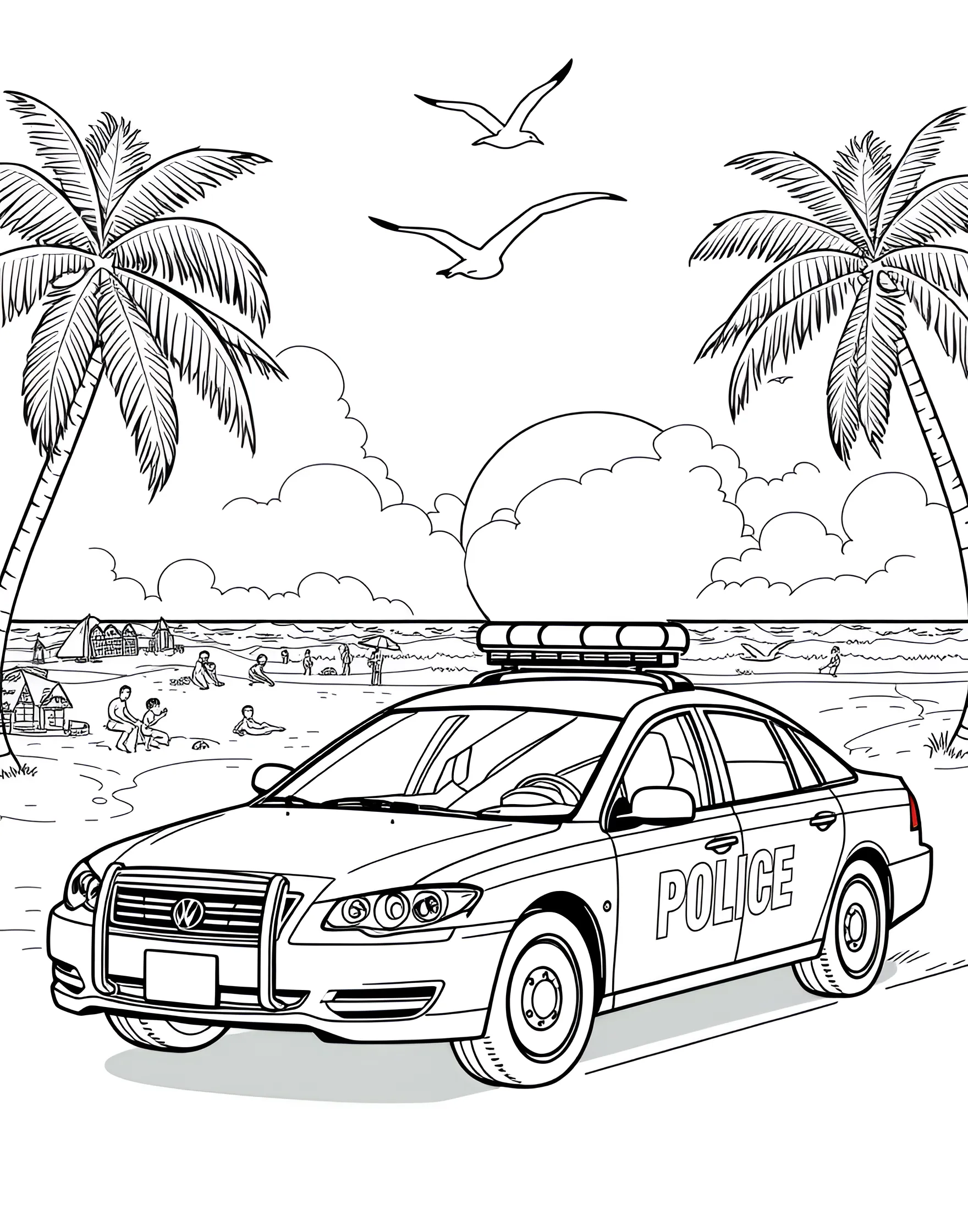 Police Car at a Beach Patrol Coloring Page -- prompt: "A police car driving along a beach with the ocean and beachgoers in the background." -- This summery coloring page features a police car on beach patrol. With the ocean, sand, and beachgoers in the background, it's a great way to show that police cars aren't just for city streets. Perfect for a hot day or dreaming of vacation!