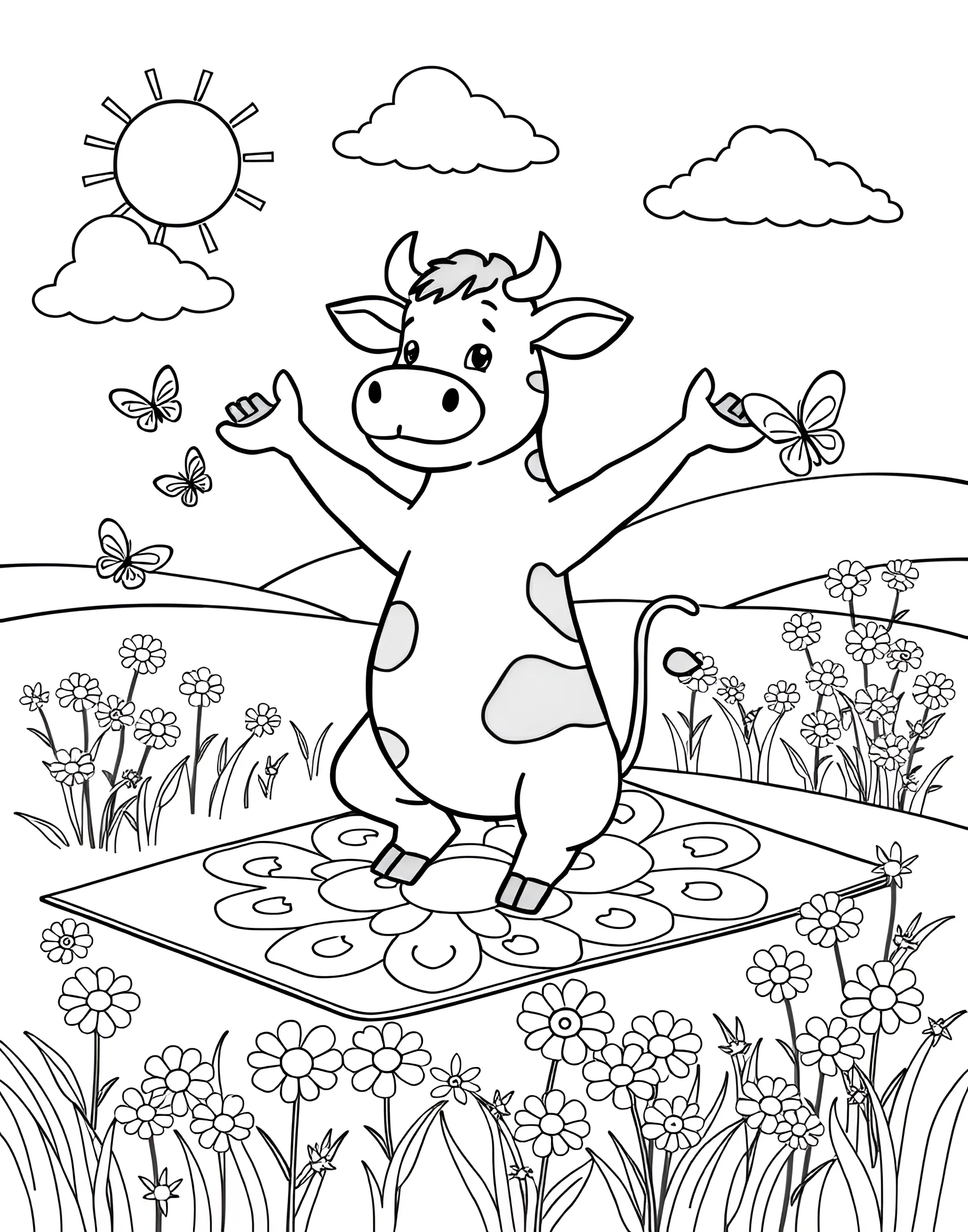 Cow Yoga Coloring Page -- prompt: "A cartoon cow doing yoga poses on a yoga mat in a field." -- Get ready to giggle with this hilarious cow yoga coloring page. It shows a flexible cow attempting various yoga poses, complete with a yoga mat and peaceful expression. This fun and quirky design is sure to bring smiles to both children and adults alike.