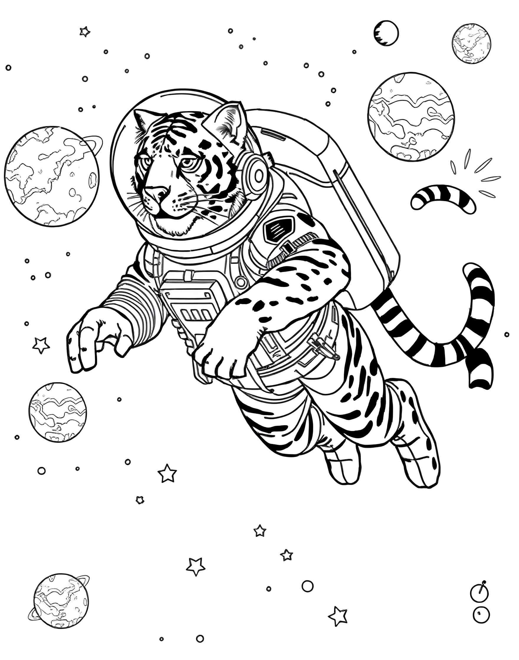 Tiger in Space Coloring Page -- prompt: "A tiger wearing a space suit, floating among stars and planets." -- Blast off with this out-of-this-world coloring page featuring a tiger floating in space! The tiger is wearing a space suit and surrounded by stars and planets. This whimsical design combines the majesty of tigers with the wonder of space exploration.