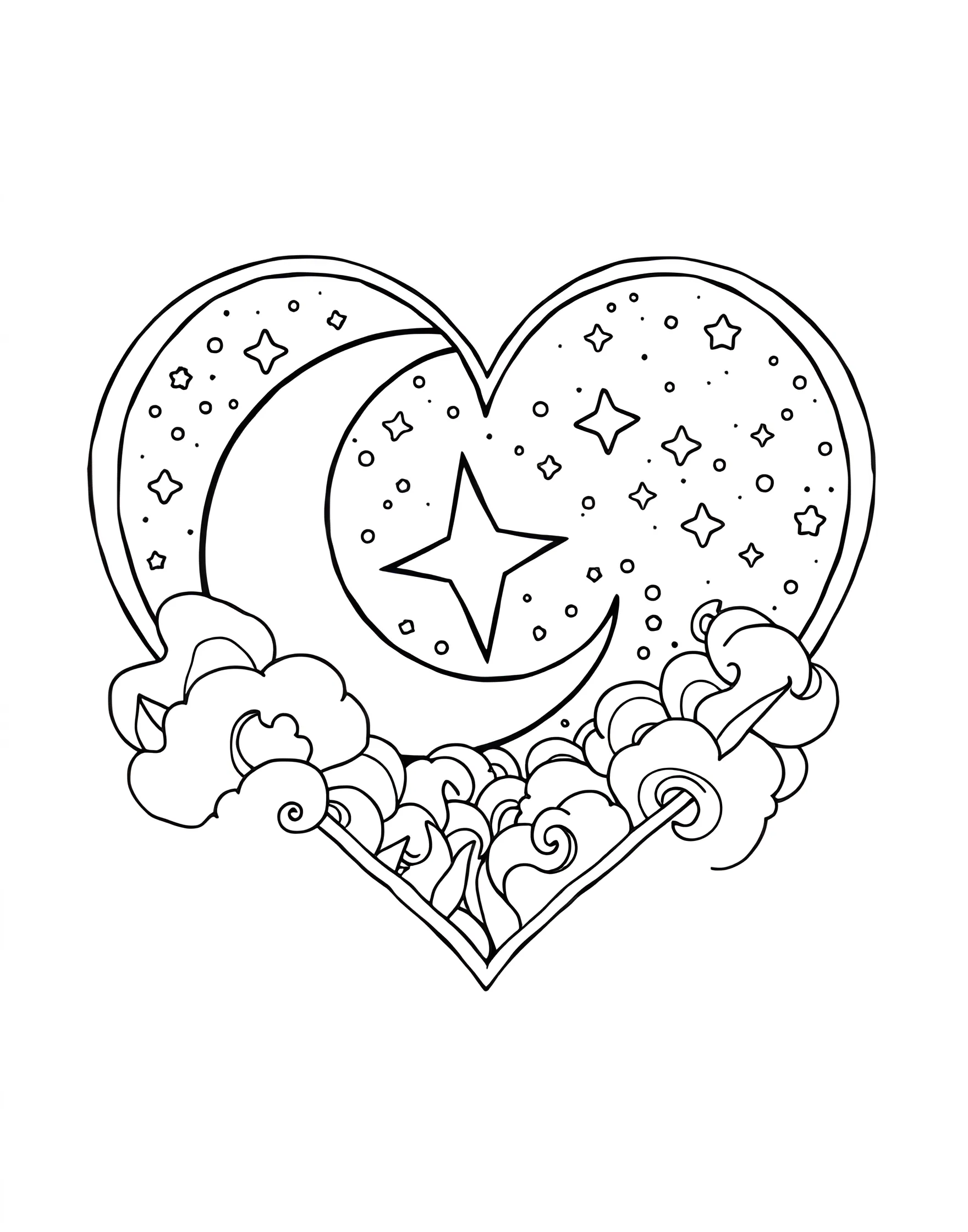 Celestial Moon and Stars Heart Coloring Page -- prompt: "A heart containing a celestial scene with a crescent moon, stars, and swirling clouds." -- This dreamy coloring page features a heart filled with a celestial scene of moons, stars, and swirling clouds. The crescent moon takes center stage, surrounded by twinkling stars and wispy clouds. This page is ideal for those who find romance in the night sky and enjoy cosmic-themed artwork.