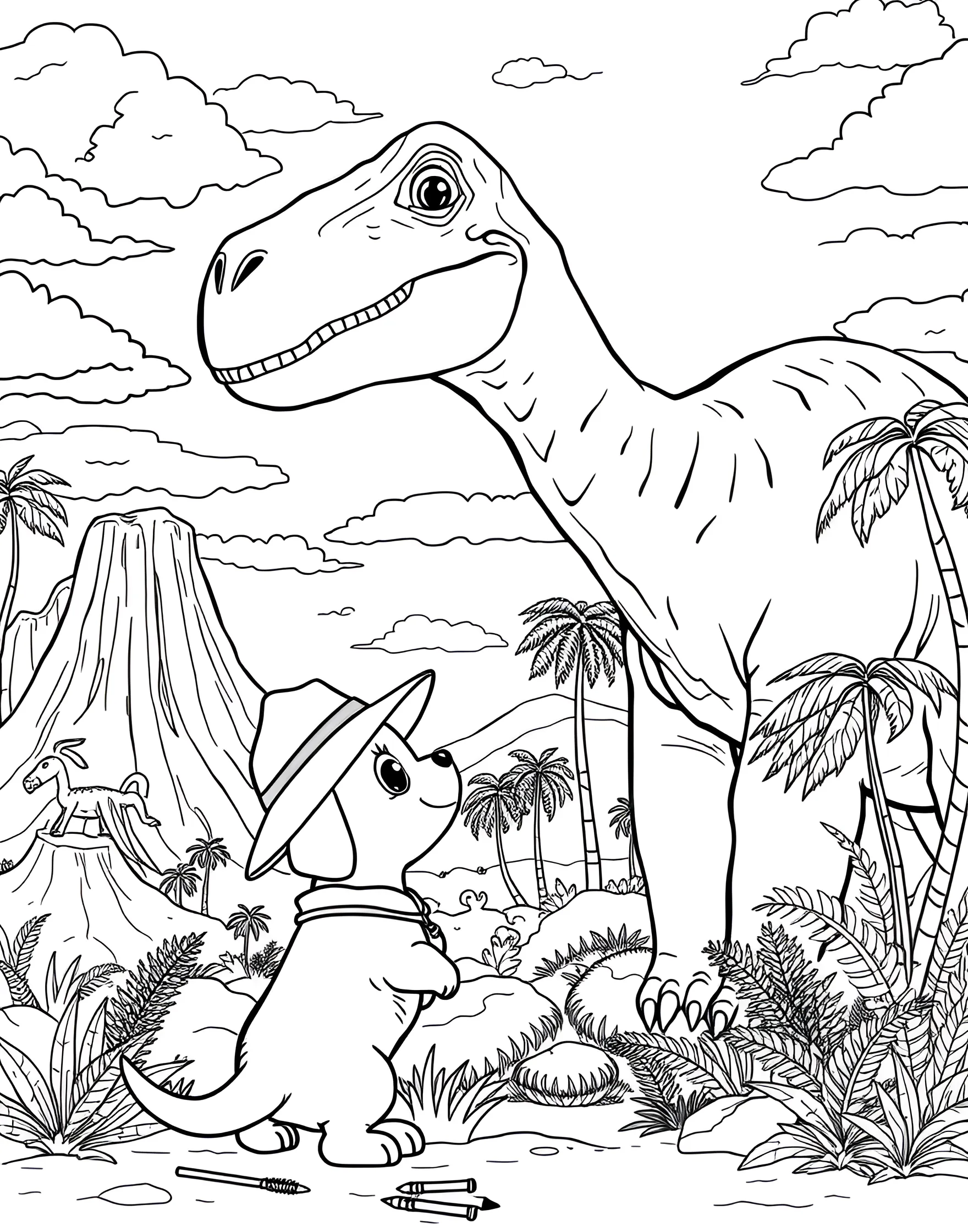 Puppy's Dinosaur Discovery Coloring Page -- prompt: "A puppy wearing a pith helmet, looking up at a friendly cartoon dinosaur in a prehistoric landscape." -- This imaginative coloring page shows a puppy's encounter with dinosaurs. The pup is wearing a pith helmet and is face-to-face with a friendly dinosaur. It's an exciting scene that combines historical adventure with cute puppy curiosity.