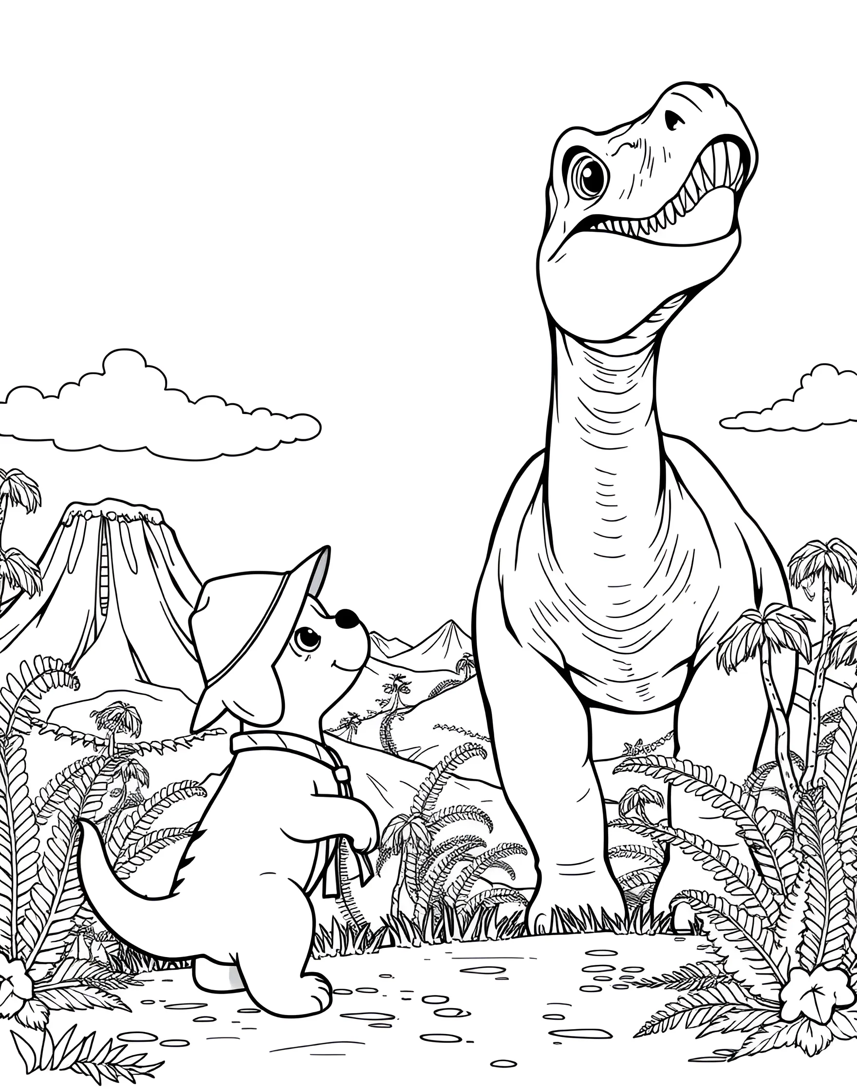 Puppy's Dinosaur Discovery Coloring Page -- prompt: "A puppy wearing a pith helmet, looking up at a friendly cartoon dinosaur in a prehistoric landscape." -- This imaginative coloring page shows a puppy's encounter with dinosaurs. The pup is wearing a pith helmet and is face-to-face with a friendly dinosaur. It's an exciting scene that combines historical adventure with cute puppy curiosity.