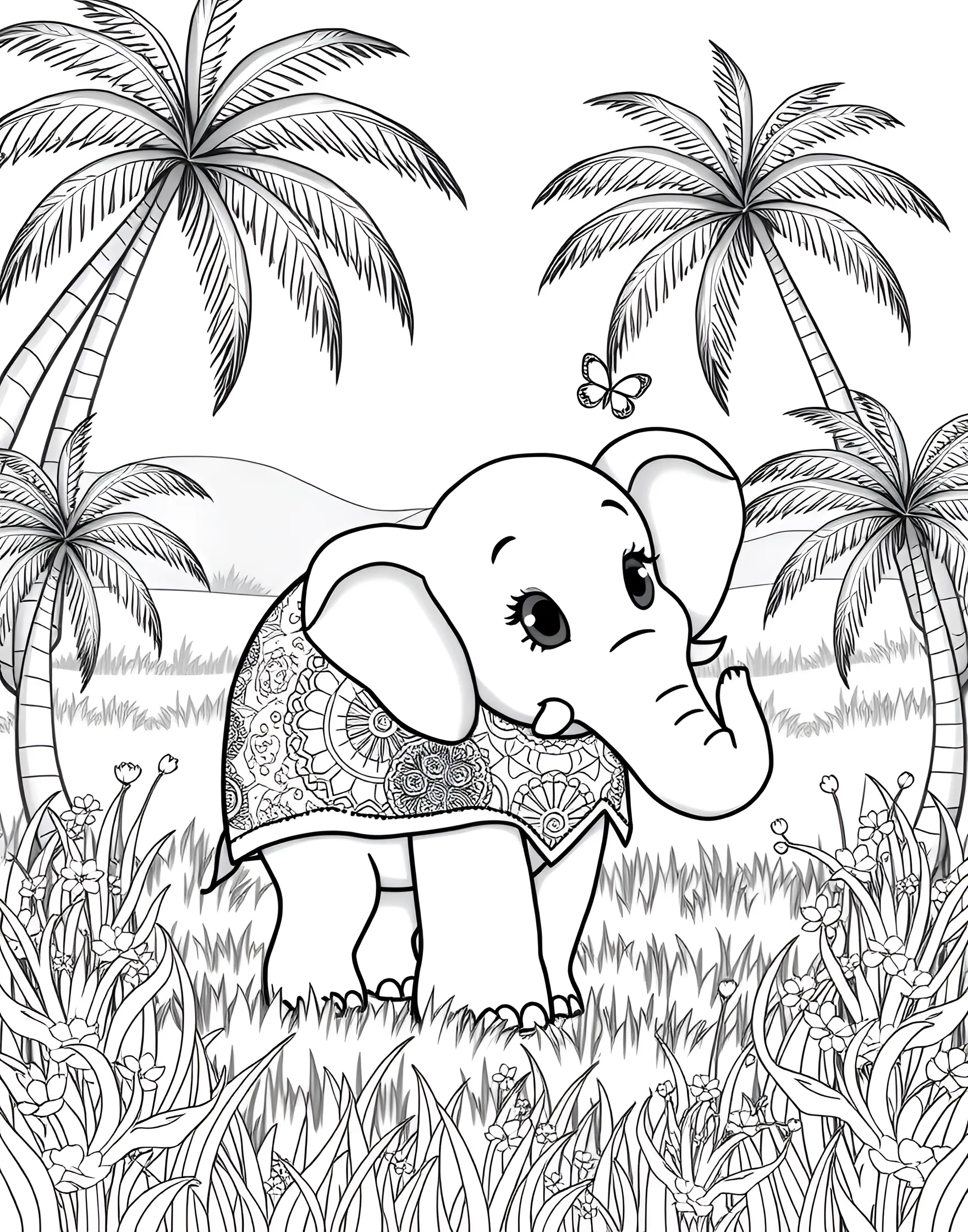 Gentle Giant Elephant with Decorative Blanket Coloring Page -- prompt: "A cartoon elephant with a colorful, patterned blanket on its back, standing in a grassy field with palm trees." -- This majestic coloring page showcases a large, friendly elephant adorned with a beautifully patterned blanket. The elephant's wrinkled skin and long trunk are intricately detailed. This page offers a wonderful opportunity to explore intricate patterns and bold colors.