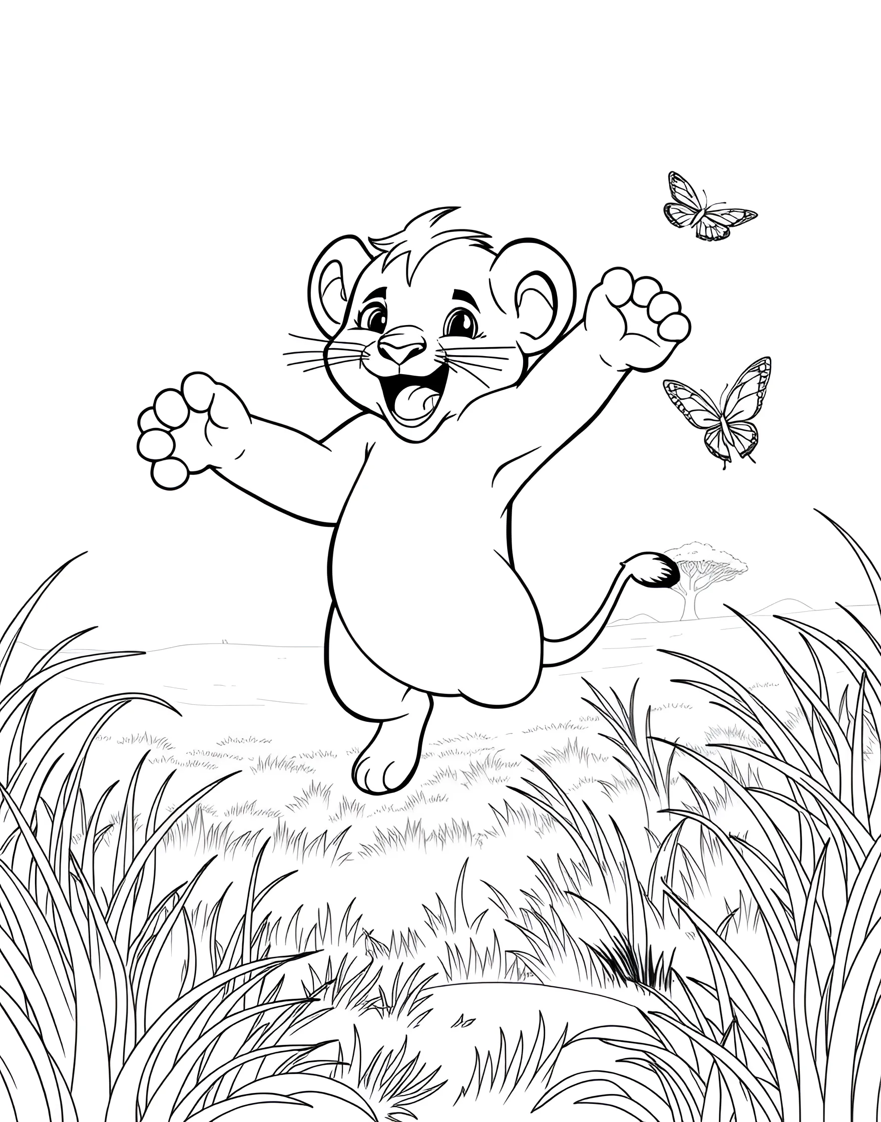 Playful Lion Cub Coloring Page -- prompt: "A playful lion cub jumping in the air, with tall grass in the background." -- Adorable and full of energy, this lion cub is ready to pounce! The page features a young lion in mid-leap, its paws outstretched and tail curled with excitement. This charming scene is ideal for younger colorists who enjoy cute animal illustrations.