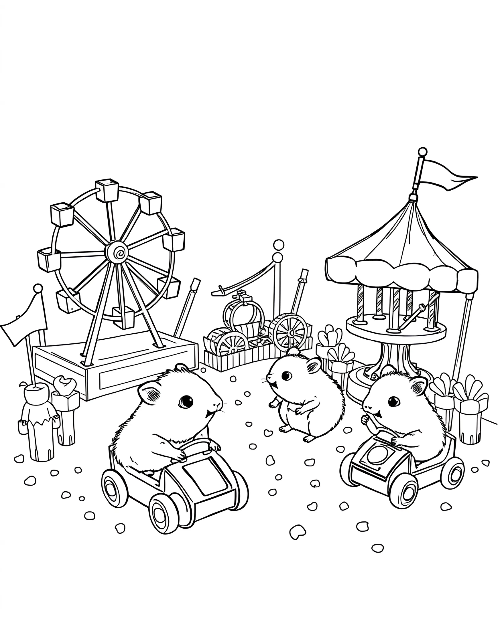 Hamster's Miniature Amusement Park Coloring Page -- prompt: "Cute hamsters in a miniature amusement park made from everyday objects." -- Step into a world of tiny thrills with this adorable coloring page depicting hamsters enjoying a miniature amusement park. The scene includes hamster-sized rides like a Ferris wheel, roller coaster, and merry-go-round, all made from everyday objects. It's a creative and cute interpretation of hamster playtime.