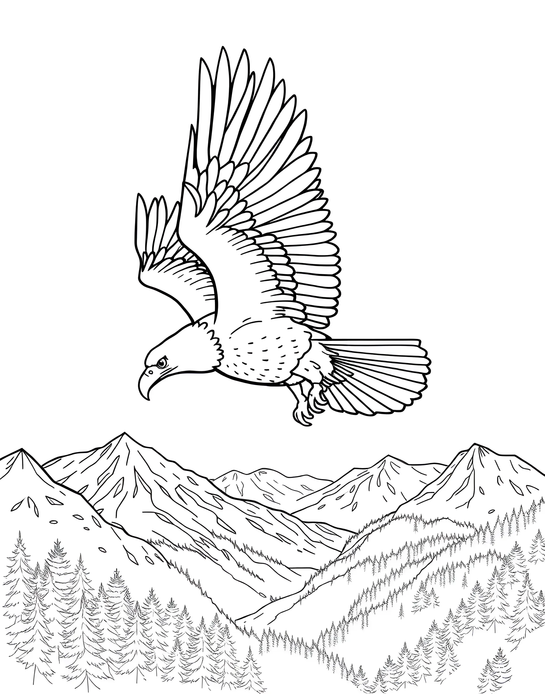 Majestic Bald Eagle Soaring in the Sky Coloring Page -- prompt: "A cartoon bald eagle with outstretched wings flying high in the sky, with mountains and forests below." -- This impressive coloring page features a powerful bald eagle with wings spread wide, soaring through the clouds. The eagle's hooked beak and sharp talons are intricately detailed. This page is perfect for creating a sense of freedom and majesty with bold colors.