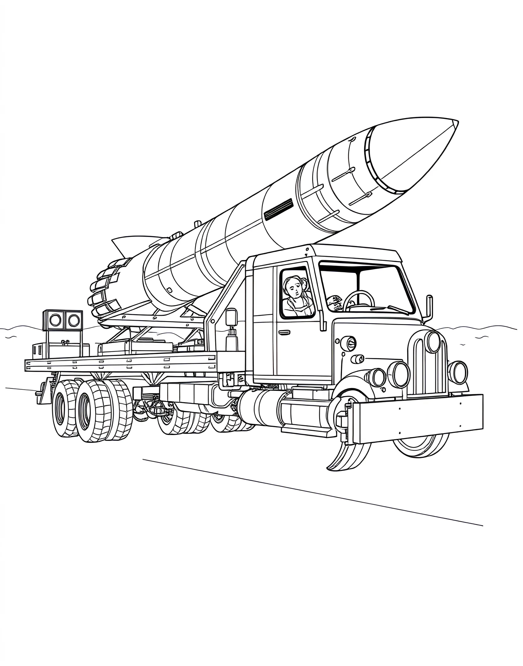 Rocket Truck Launch Coloring Page -- prompt: "A flatbed truck carrying a space rocket ready for launch." -- Blast off into a world of imagination with this Rocket Truck Launch coloring page! This unique vehicle combines the power of a truck with the excitement of space exploration, featuring a rocket ready for launch on its flatbed. Kids can let their creativity soar as they color this out-of-this-world truck and imagine its cosmic adventures.