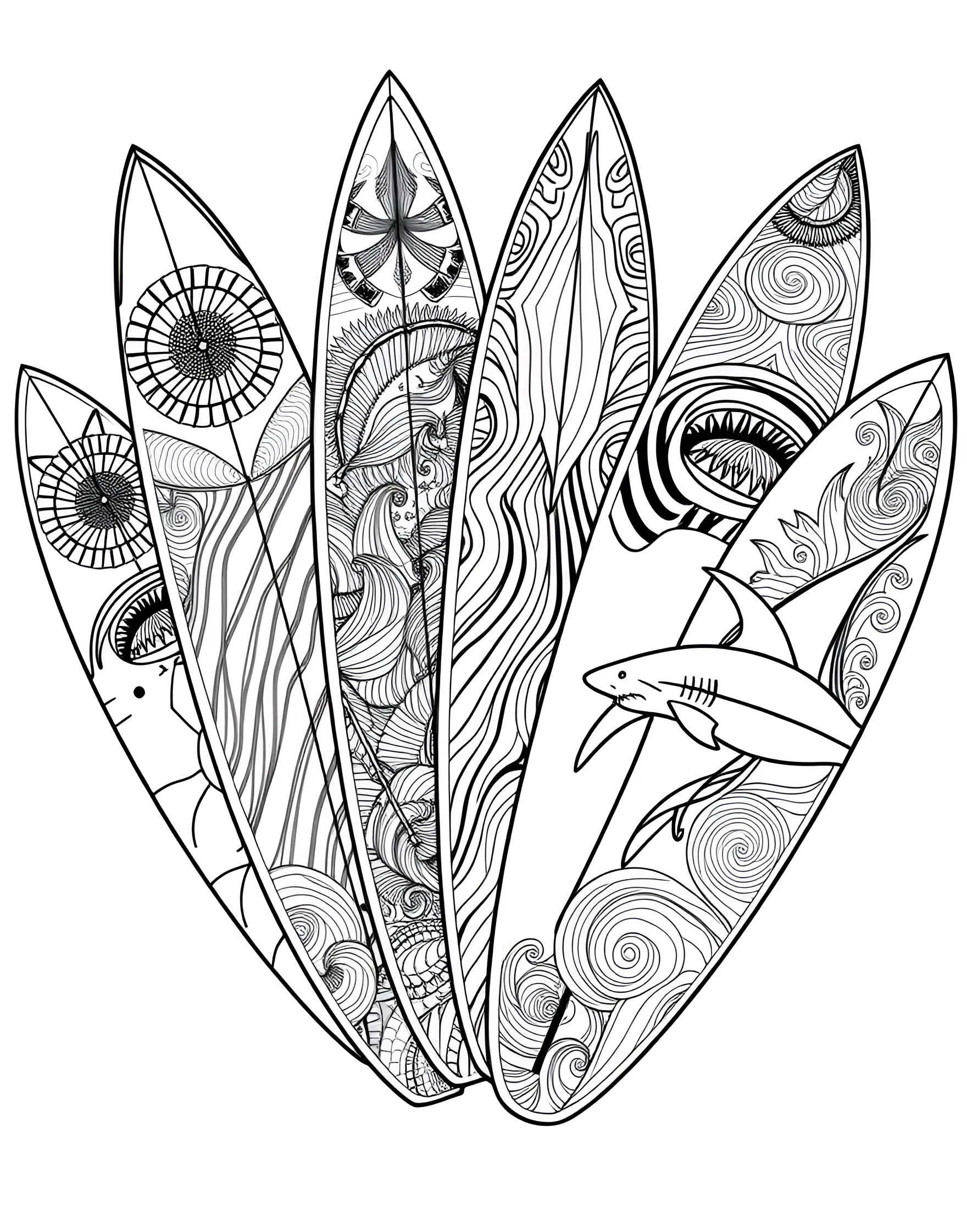 Shark-Themed Surfboard Designs Coloring Page -- prompt: "A collection of surfboards featuring different shark-themed designs and patterns." -- Ride the waves with these cool shark-themed surfboard designs. This coloring page showcases several surfboards decorated with various shark motifs and patterns. It's a perfect blend of ocean culture and shark appreciation, allowing for creative color combinations.