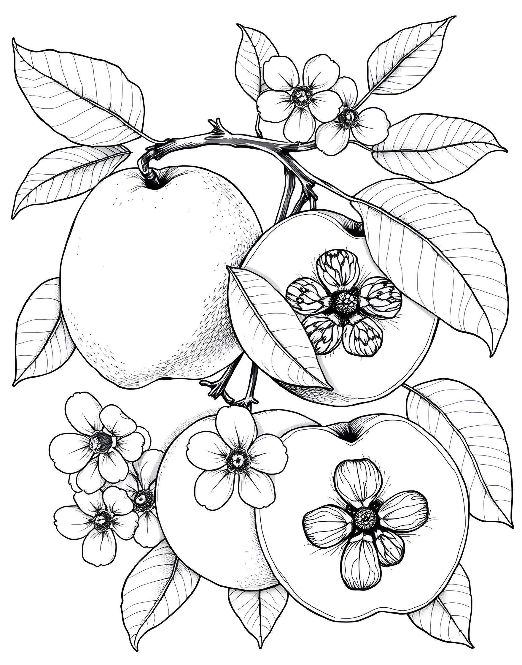 Quince Quandary Coloring Page -- prompt: "Whole and sliced quinces with quince blossoms and leaves." -- Explore the unique charm of quince with this intriguing coloring page. The lumpy, irregular shape of whole quinces creates an interesting visual, while sliced quinces reveal their star-shaped core. Quince blossoms with their delicate petals add a touch of springtime beauty.