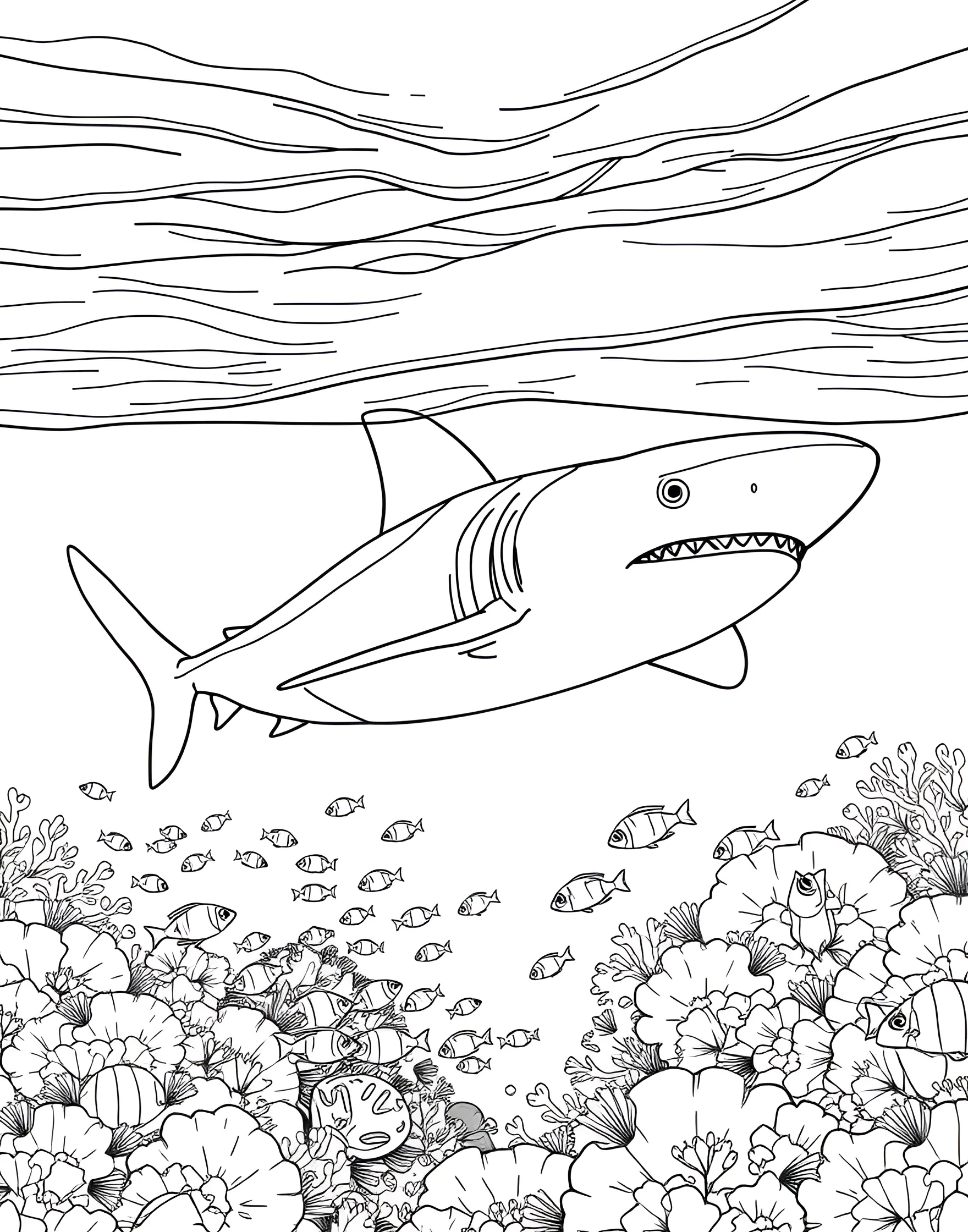 Shark Camouflage Coloring Page -- prompt: "A shark using its natural camouflage to blend in with the ocean environment, viewed from above and below the water line." -- Explore the concept of shark camouflage with this engaging coloring page. The design features a shark blending into its underwater environment, demonstrating the countershading technique many sharks use. This page offers a fun way to learn about animal adaptations while exercising creativity in color choices.