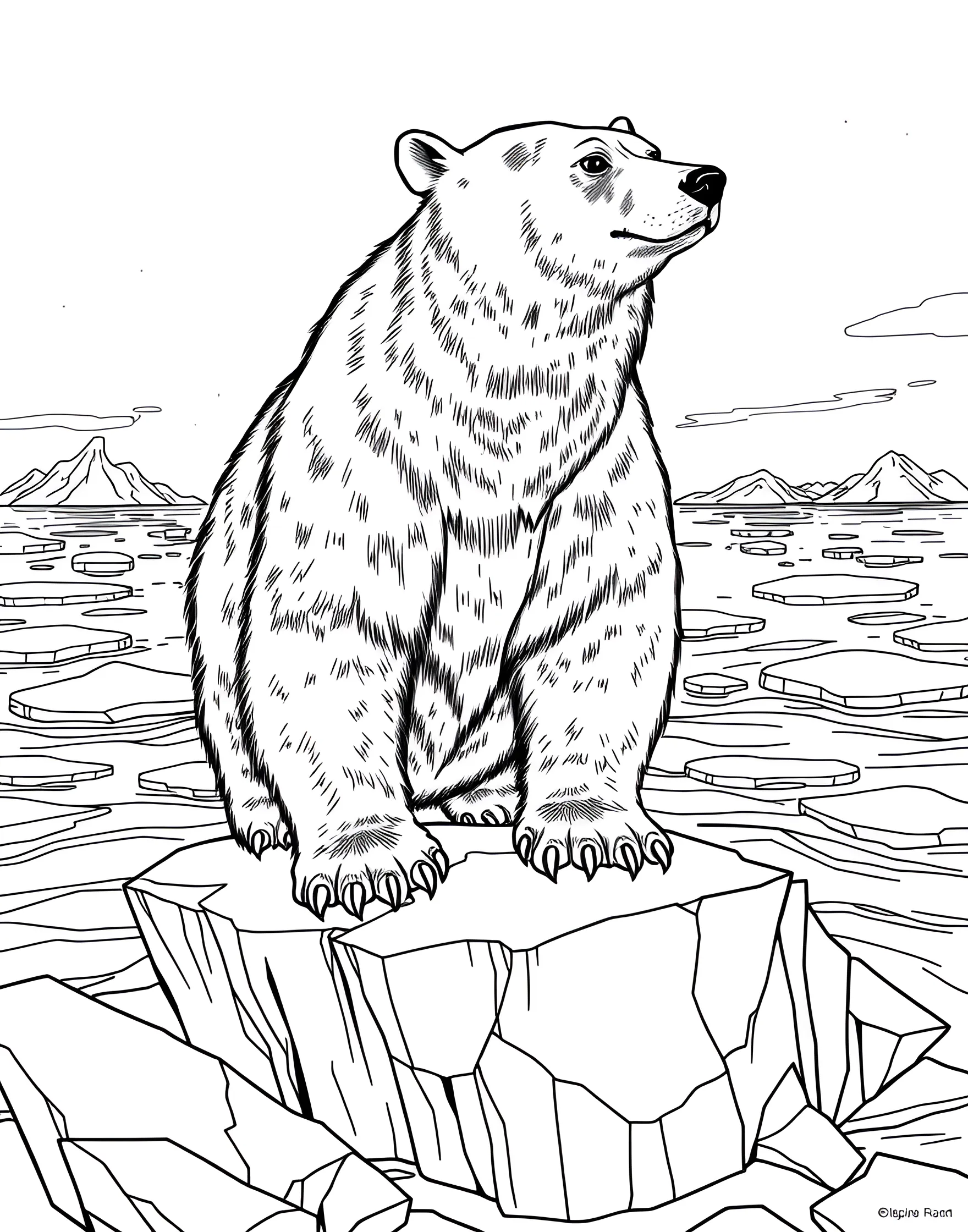 Polar Bear on Ice Floe Coloring Page -- prompt: "A polar bear standing on an ice floe in the Arctic Ocean." -- Transport yourself to the Arctic with this stunning polar bear coloring page. The majestic bear is perched on an ice floe, surrounded by the vast, icy sea. This page not only offers a beautiful image to color but also raises awareness about climate change and its impact on polar bear habitats.