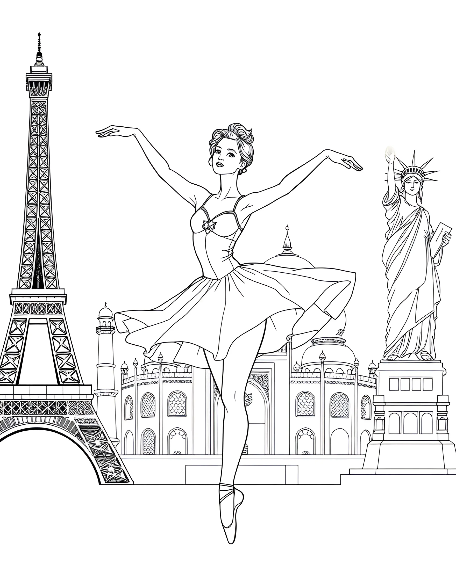 Ballerina's World Travel Coloring Page -- prompt: "A ballerina performing various poses in front of different world landmarks like the Eiffel Tower, Taj Mahal, and Statue of Liberty." -- This globe-trotting coloring page shows a ballerina performing in front of famous world landmarks. It combines the grace of ballet with the excitement of international travel. Each landmark offers a unique architectural element to color and explore.