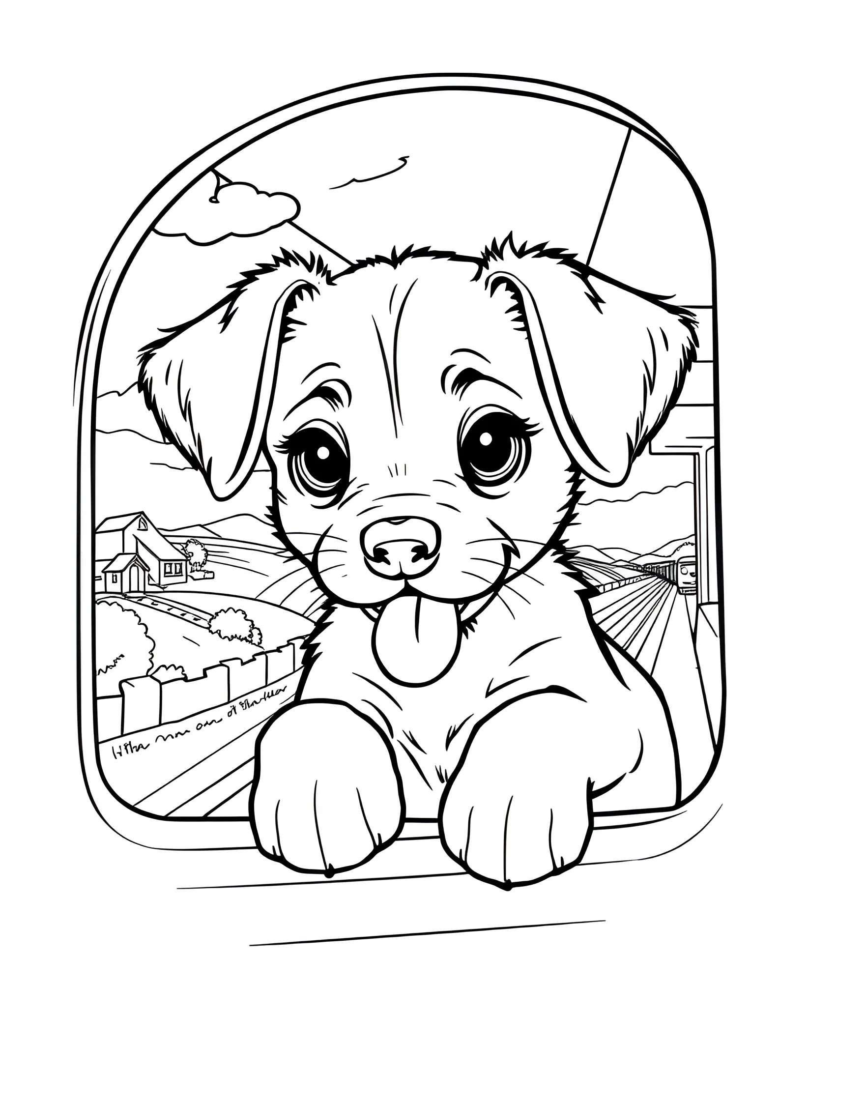 Puppy's Train Ride Adventure Coloring Page -- prompt: "A puppy with its head sticking out of a moving train window, ears flapping in the wind." -- This exciting coloring page shows a puppy enjoying a train ride. The pup is sticking its head out of the train window, ears flapping in the wind. It's a fun scene that captures the thrill of travel and new experiences from a puppy's perspective.