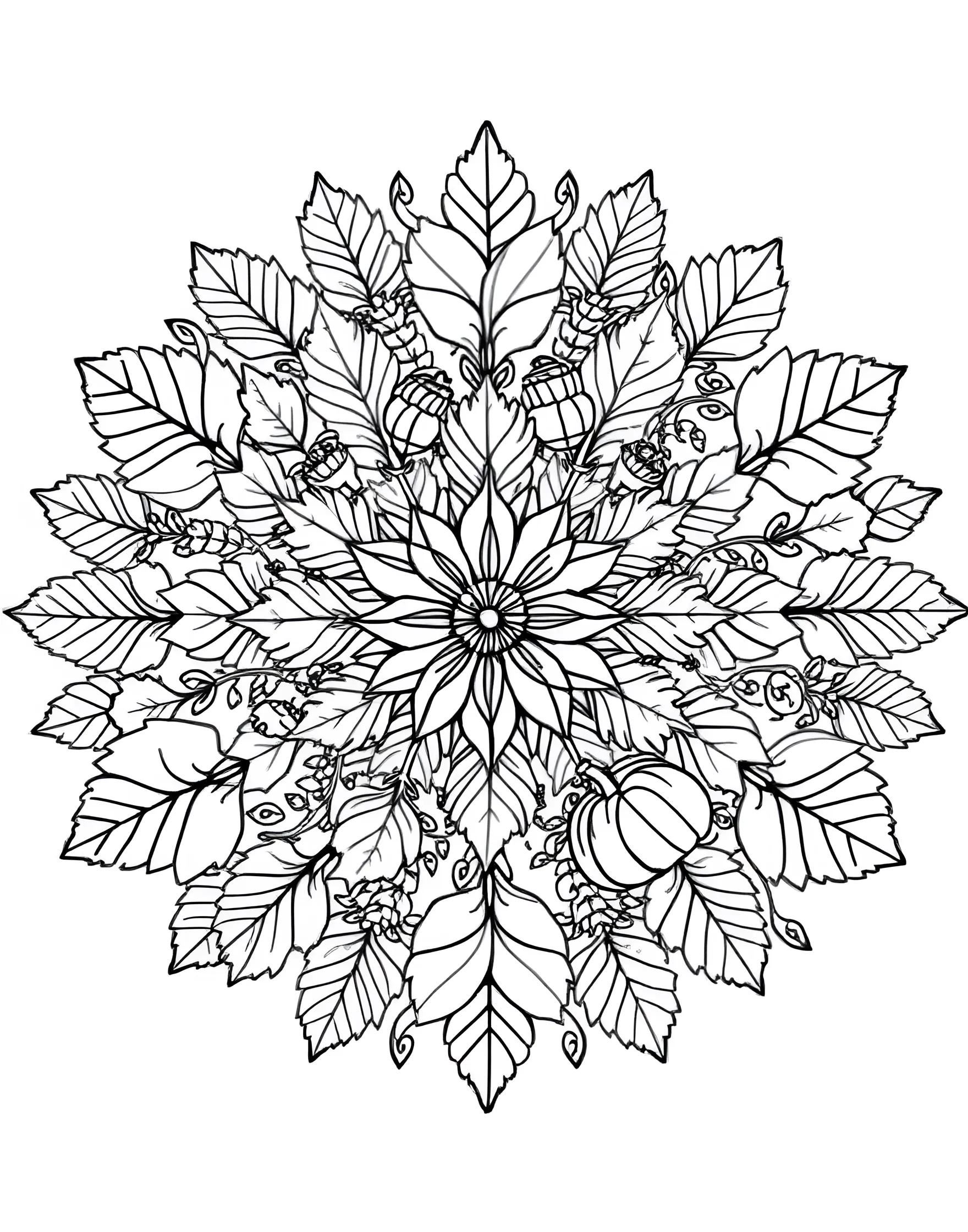 Autumn Harvest Mandala Coloring Page -- prompt: "A mandala composed of autumn elements like falling leaves, pumpkins, and harvest symbols arranged in a circular, seasonal design." -- Celebrate the bounty of fall with this harvest-themed mandala. Leaves, pumpkins, and other autumnal elements form a warm and inviting circular design. As you color, reflect on the changing seasons and the cycle of nature.