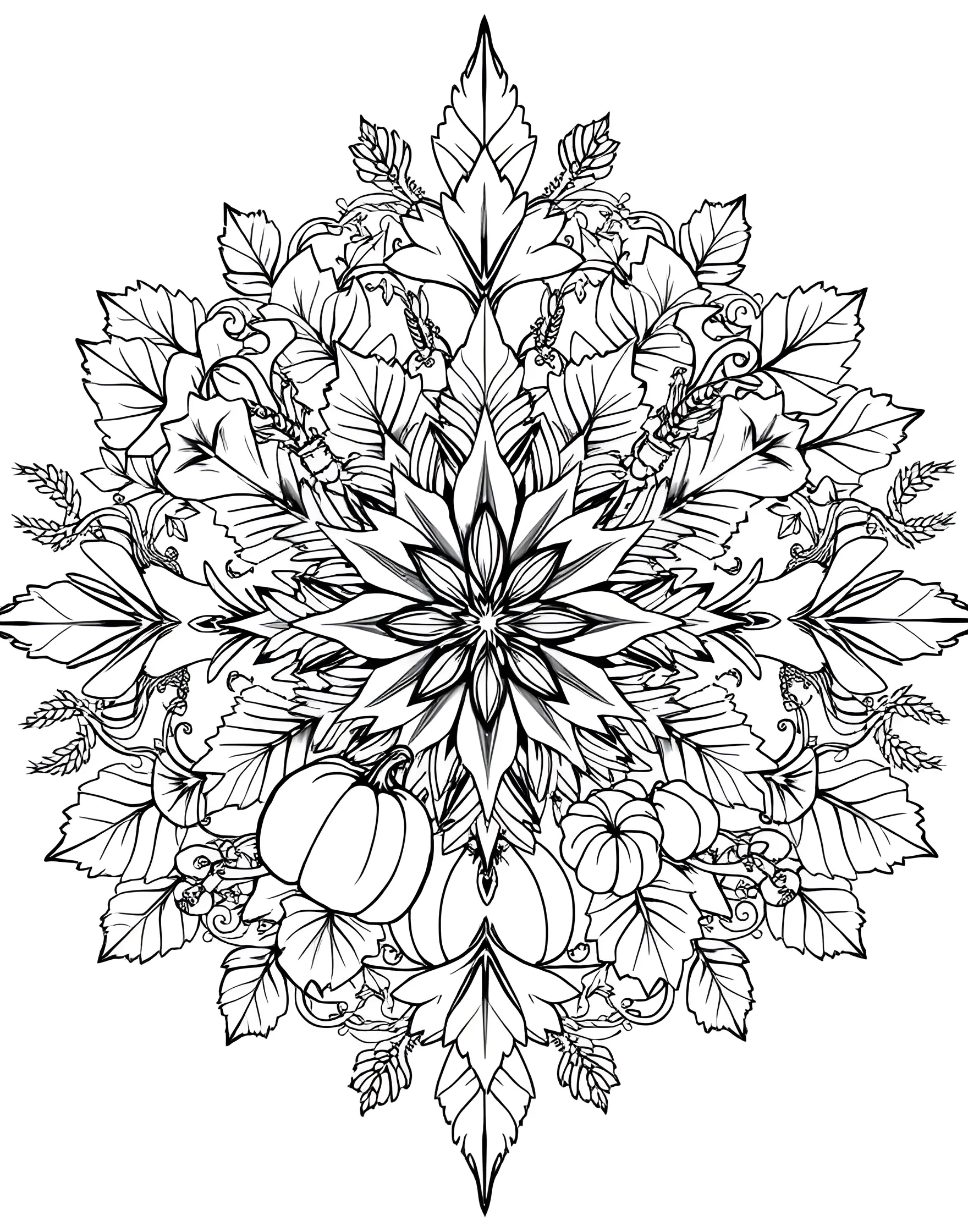 Autumn Harvest Mandala Coloring Page -- prompt: "A mandala composed of autumn elements like falling leaves, pumpkins, and harvest symbols arranged in a circular, seasonal design." -- Celebrate the bounty of fall with this harvest-themed mandala. Leaves, pumpkins, and other autumnal elements form a warm and inviting circular design. As you color, reflect on the changing seasons and the cycle of nature.