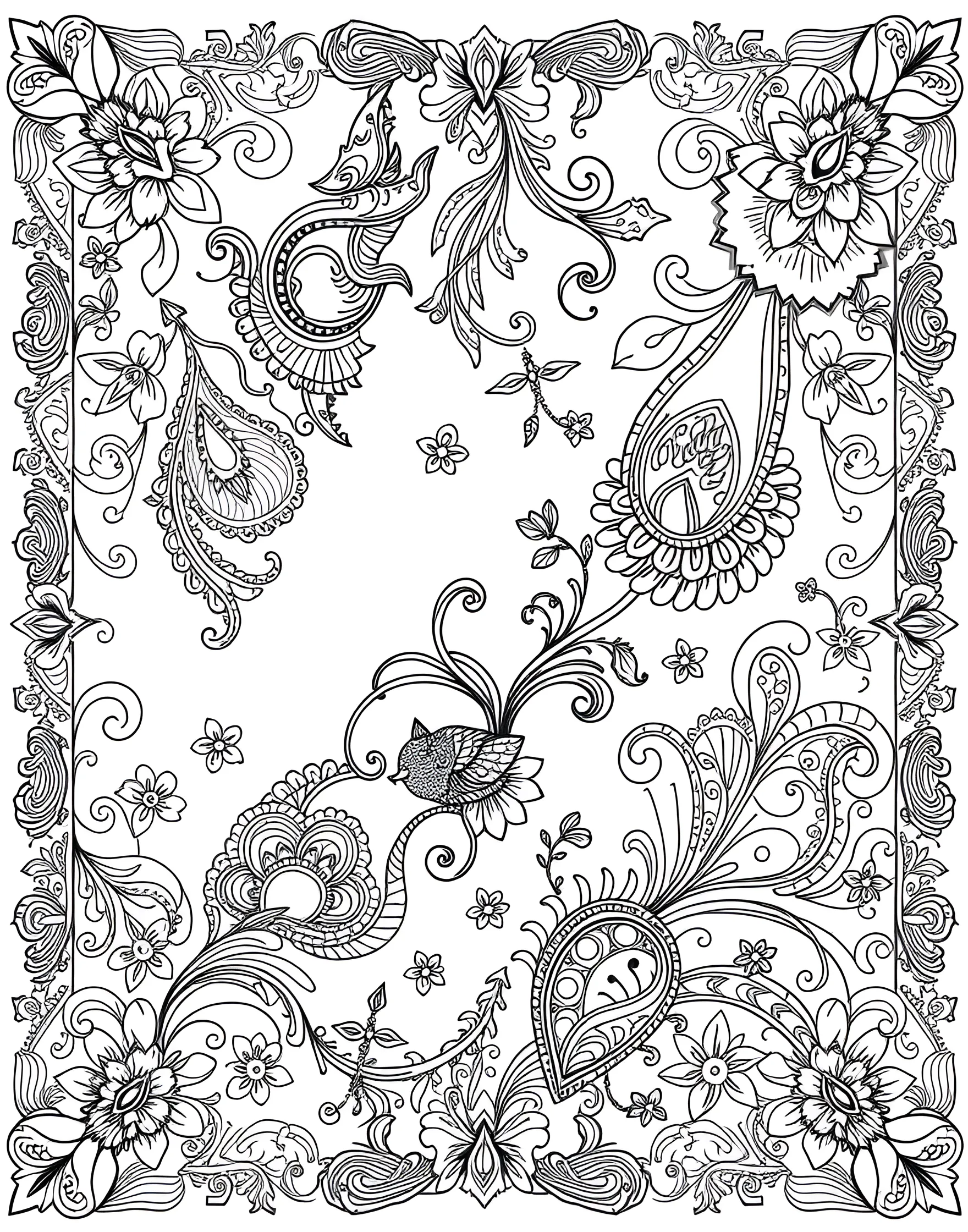 Intricate Paisley Pattern Coloring Page -- prompt: "A detailed pattern composed of various intricate paisley designs and motifs." -- Lose yourself in the beauty of patterns with this intricate paisley coloring page. The design showcases a complex arrangement of traditional paisley motifs and swirling designs. As you color, appreciate the rich history and elegance of this timeless pattern.