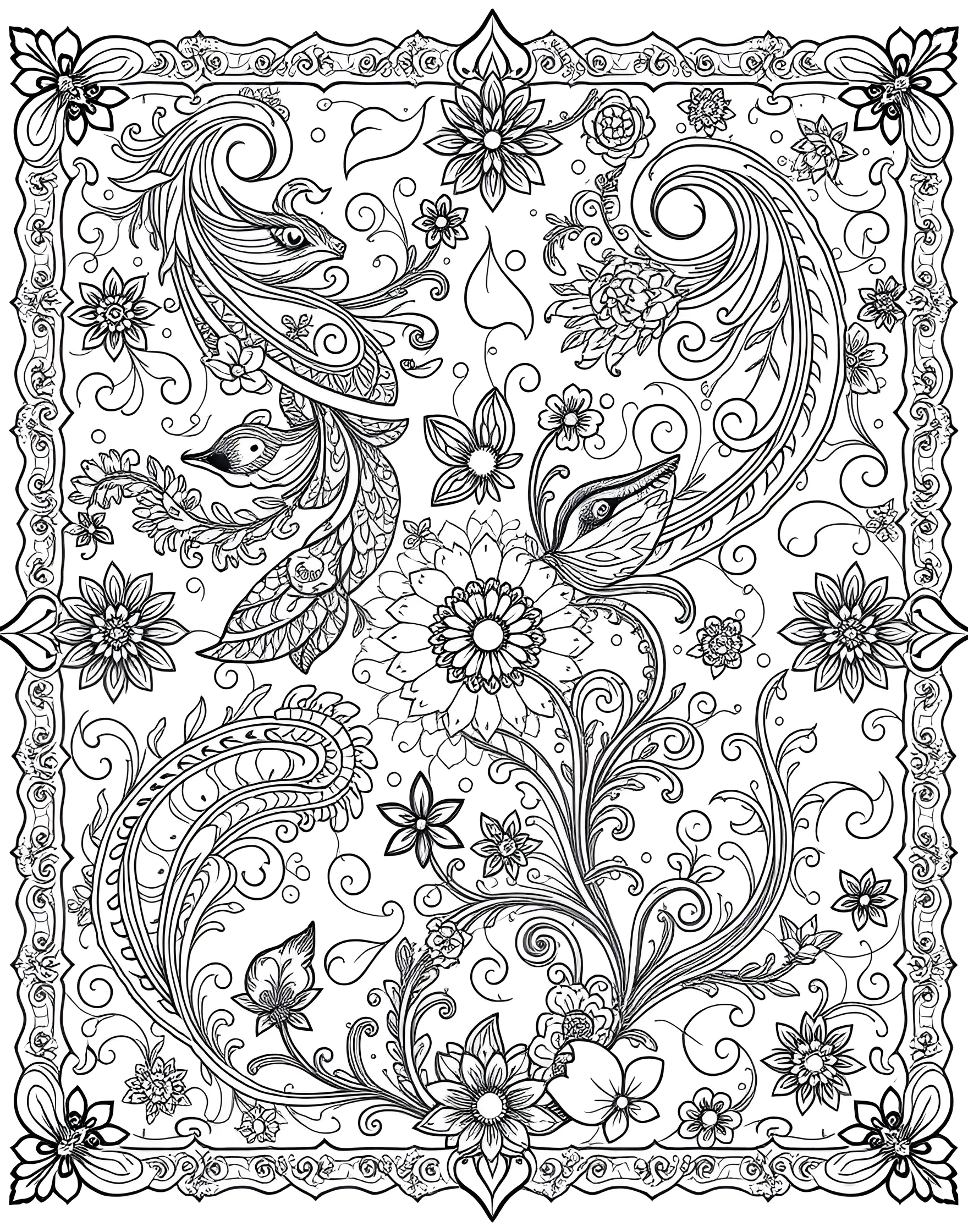 Intricate Paisley Pattern Coloring Page -- prompt: "A detailed pattern composed of various intricate paisley designs and motifs." -- Lose yourself in the beauty of patterns with this intricate paisley coloring page. The design showcases a complex arrangement of traditional paisley motifs and swirling designs. As you color, appreciate the rich history and elegance of this timeless pattern.