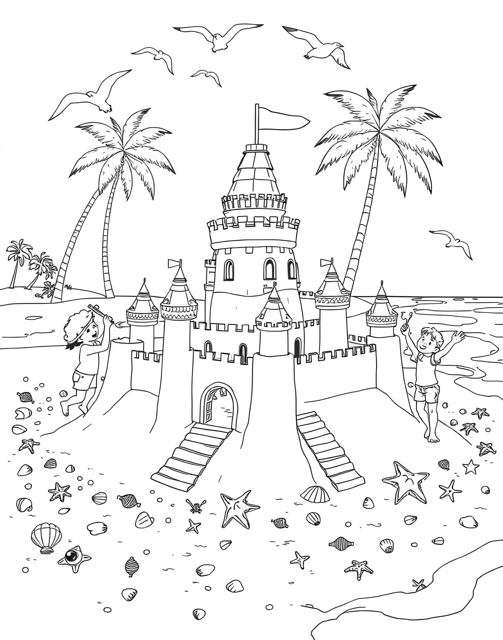 Sandcastle Building Fun Coloring Pagefff -- prompt: "Children building an elaborate sandcastle on the beach, surrounded by buckets, shovels, and seashells." -- Celebrate the joy of beach creativity with this delightful sandcastle scene. The page depicts children working together to build an elaborate sand fortress complete with towers, moats, and seashell decorations. Buckets, shovels, and other beach toys scattered around add to the playful atmosphere.