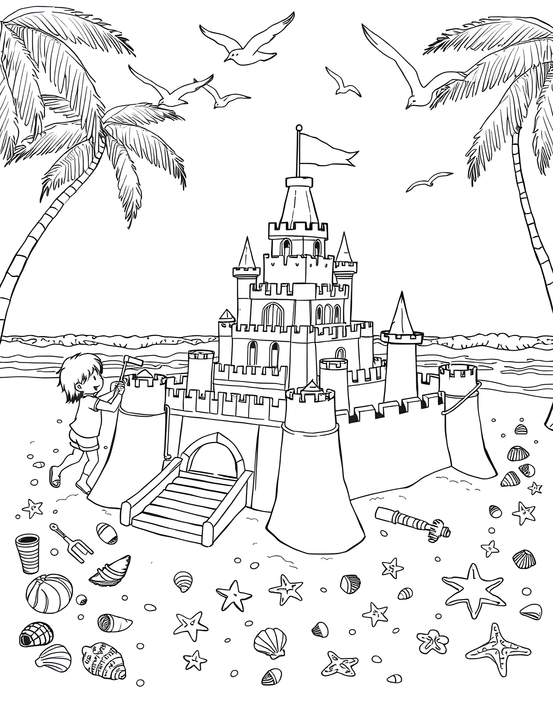 Sandcastle Building Fun Coloring Page -- prompt: "Children building an elaborate sandcastle on the beach, surrounded by buckets, shovels, and seashells." -- Celebrate the joy of beach creativity with this delightful sandcastle scene. The page depicts children working together to build an elaborate sand fortress complete with towers, moats, and seashell decorations. Buckets, shovels, and other beach toys scattered around add to the playful atmosphere.