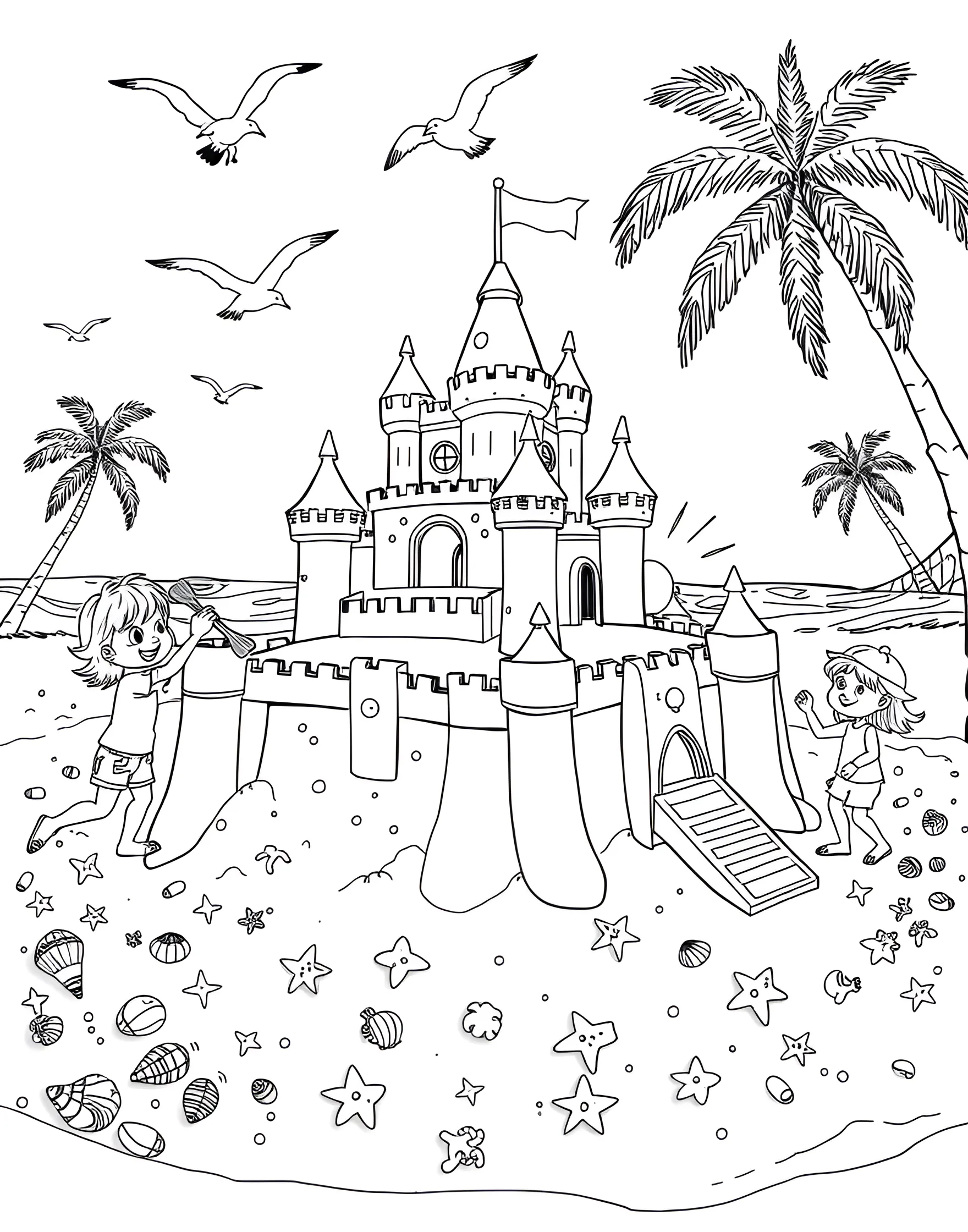 Sandcastle Building Fun Coloring Page -- prompt: "Children building an elaborate sandcastle on the beach, surrounded by buckets, shovels, and seashells." -- Celebrate the joy of beach creativity with this delightful sandcastle scene. The page depicts children working together to build an elaborate sand fortress complete with towers, moats, and seashell decorations. Buckets, shovels, and other beach toys scattered around add to the playful atmosphere.