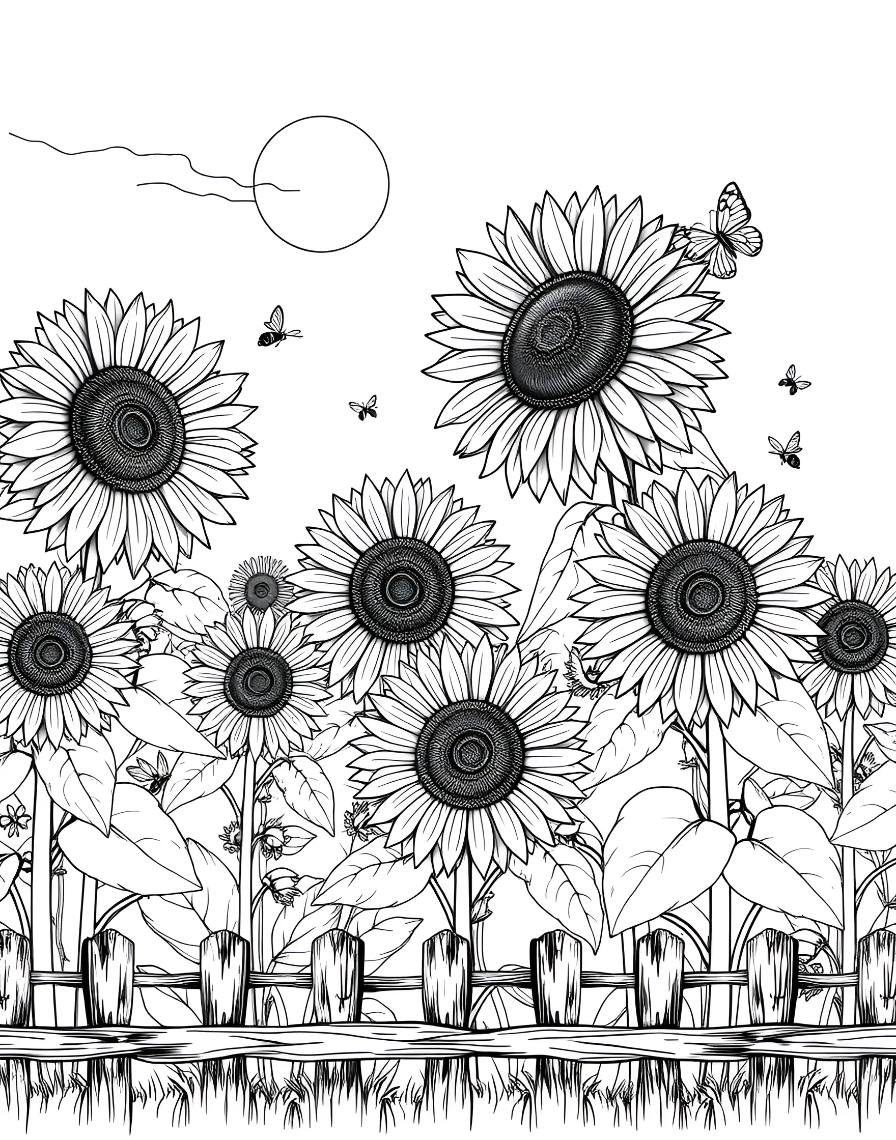 Cheerful Sunflower Field Coloring Page -- prompt: "A field of tall sunflowers with a bright sun shining above." -- Experience the joy of a sunflower field with this cheerful coloring page. Tall, vibrant sunflowers stretch towards the sky, their large faces ready to be filled with sunny yellows or creative color combinations. This page is perfect for brightening up any day with its happy, summery vibes.