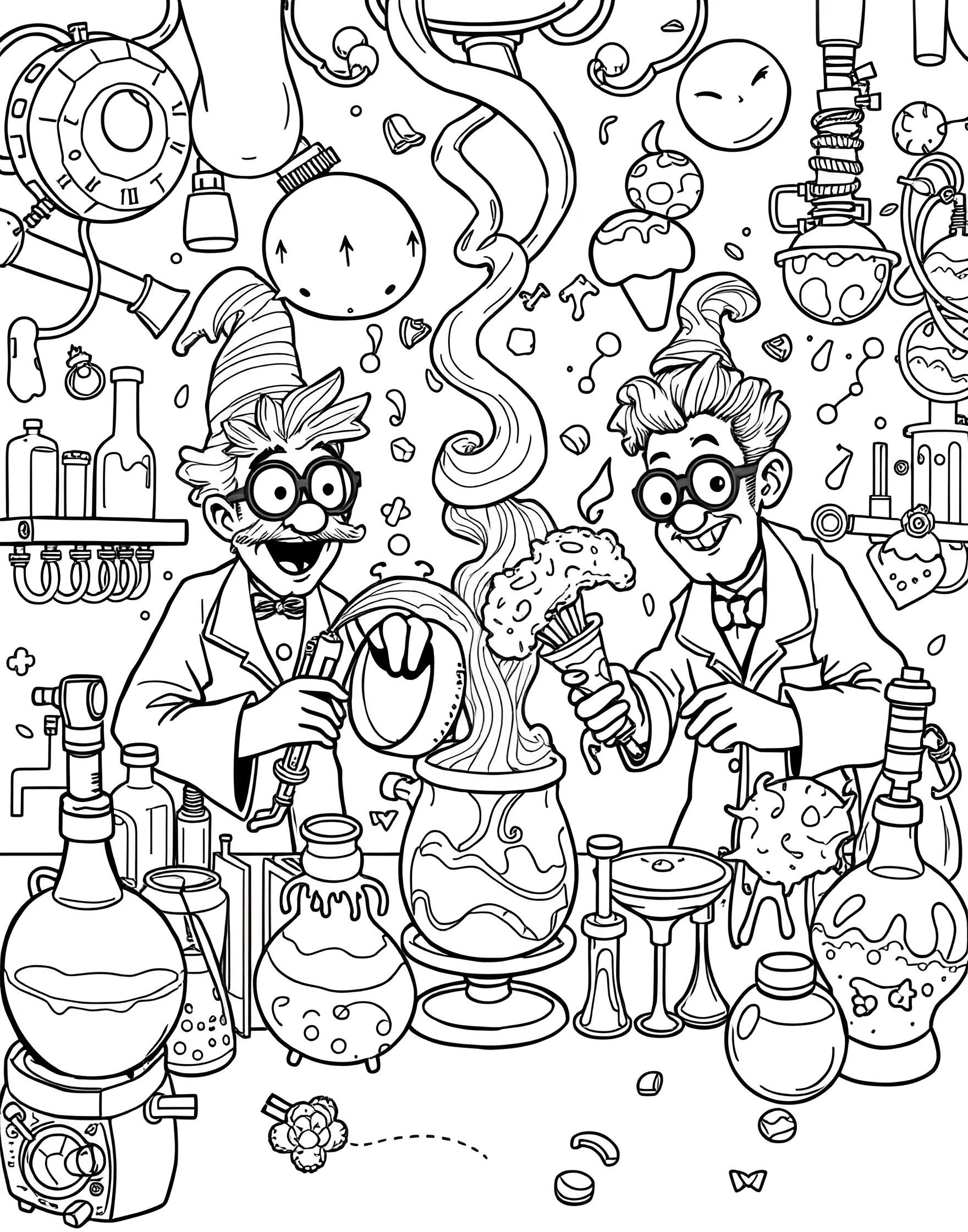 Ice Cream Flavor Laboratory Coloring Page -- prompt: "A cartoon-style ice cream laboratory with scientists creating new flavors using colorful ingredients and equipment." -- Step into the whimsical world of ice cream creation with this flavor laboratory scene. Quirky scientists experiment with exotic ingredients to create new and exciting ice cream flavors. This page is perfect for those who love adding creative details and imagining fun backstories.