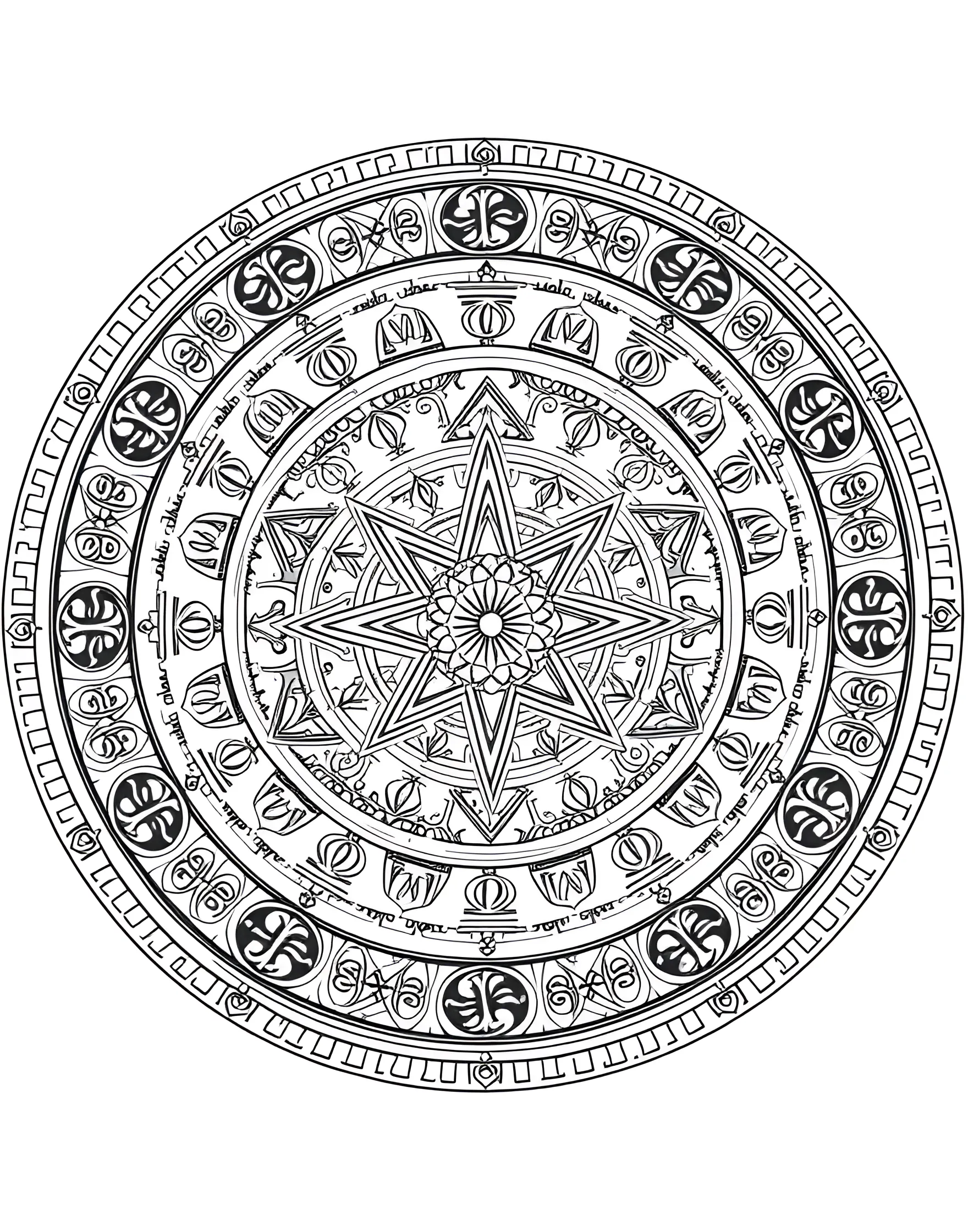 Mystic Rune Mandala Coloring Page -- prompt: "A circular mandala composed of various runes and mystical symbols arranged in a symmetrical, magical design." -- Unlock ancient wisdom with this rune-inspired mandala. Mysterious symbols and magical sigils form an intricate circular pattern. As you color, contemplate the hidden meanings and power within each rune.